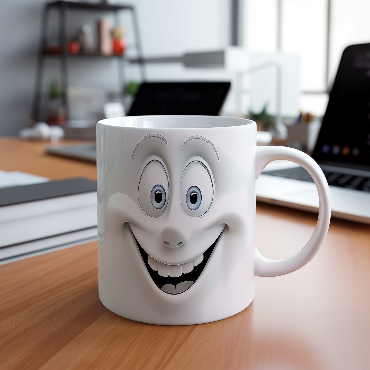 Hrnek s usměvavým obličejem a modrýma očima