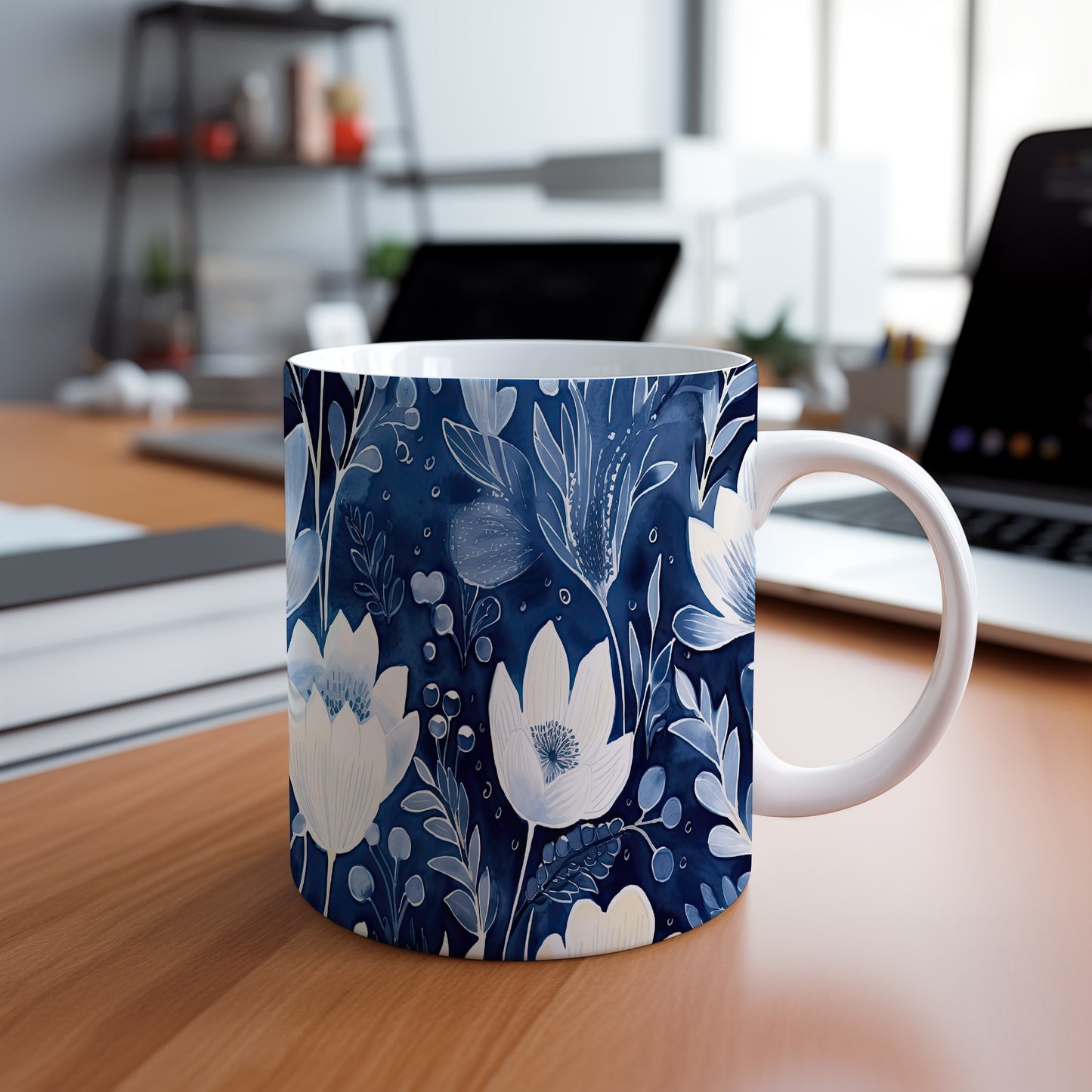 Elegantní keramický hrnek s květinovým motivem v modré barvě