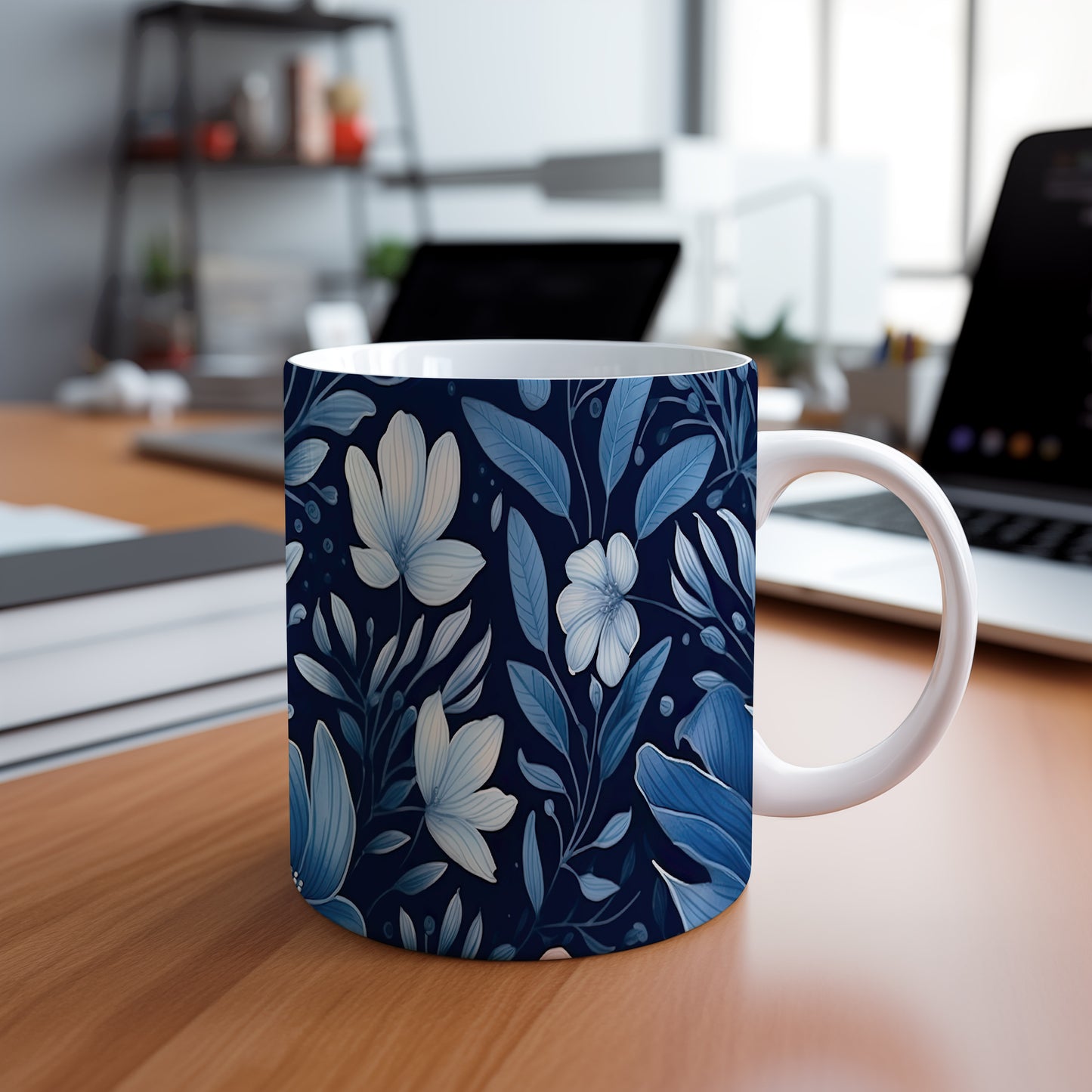 Stylový hrnek s modrými květy na tmavém pozadí