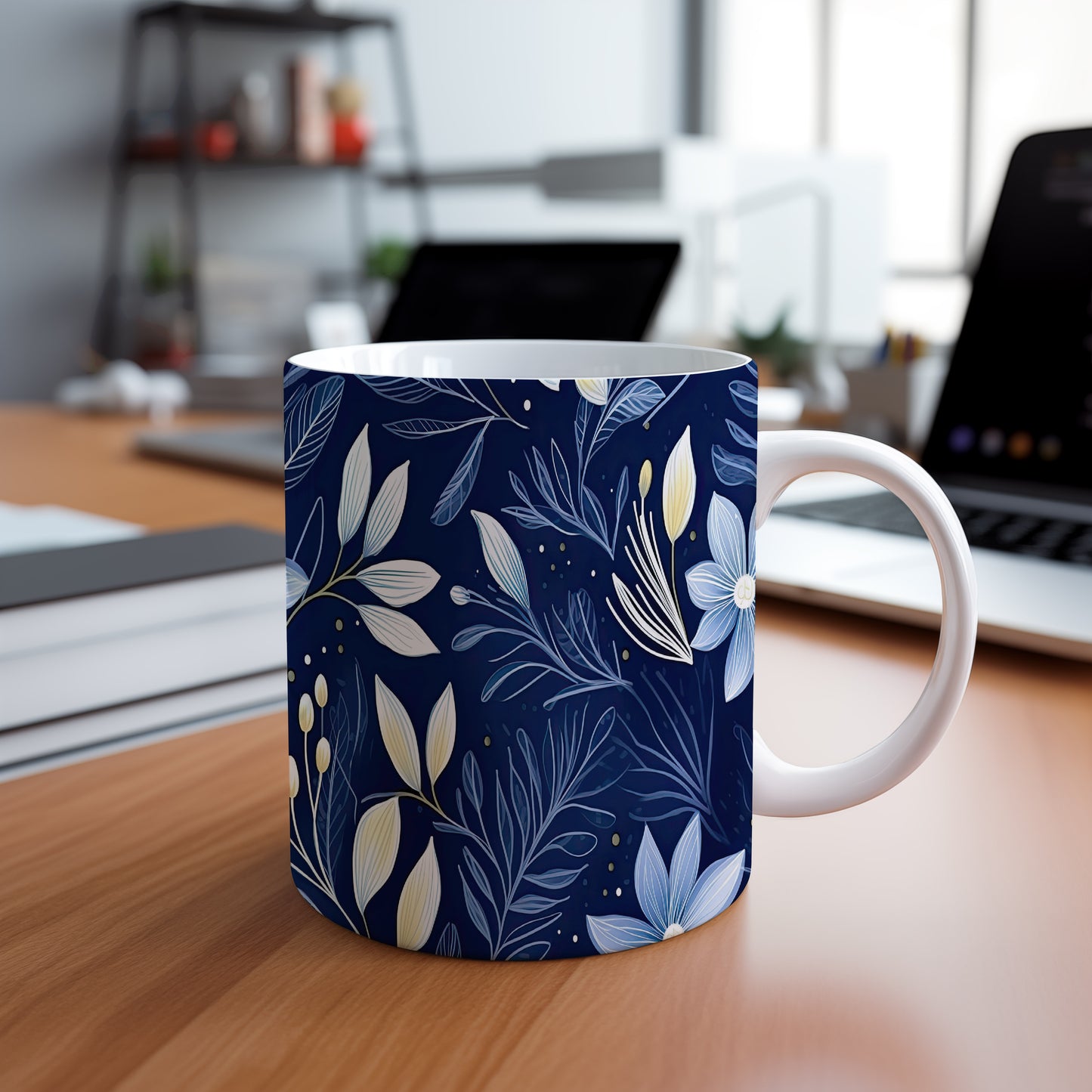 Elegantní hrnek s květinovým vzorem na tmavém pozadí