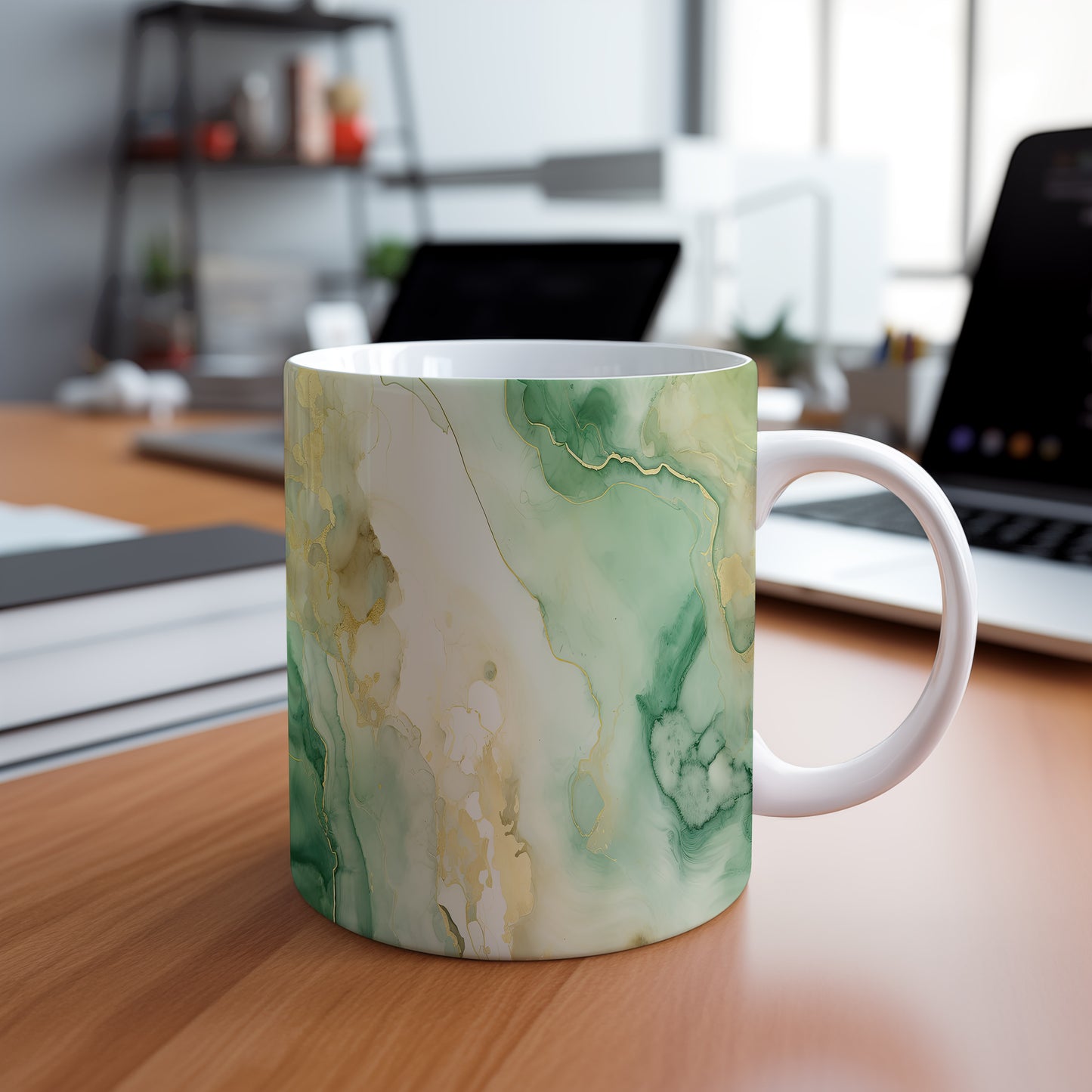 Elegantní hrnek s mramorovým vzorem v zelených a zlatých odstínech