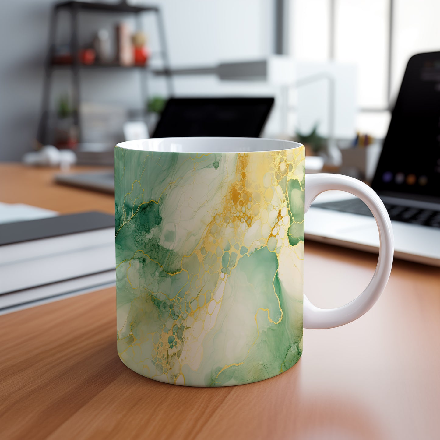 Elegantní hrnek s jemným mramorovým vzorem v zelené a zlaté barvě