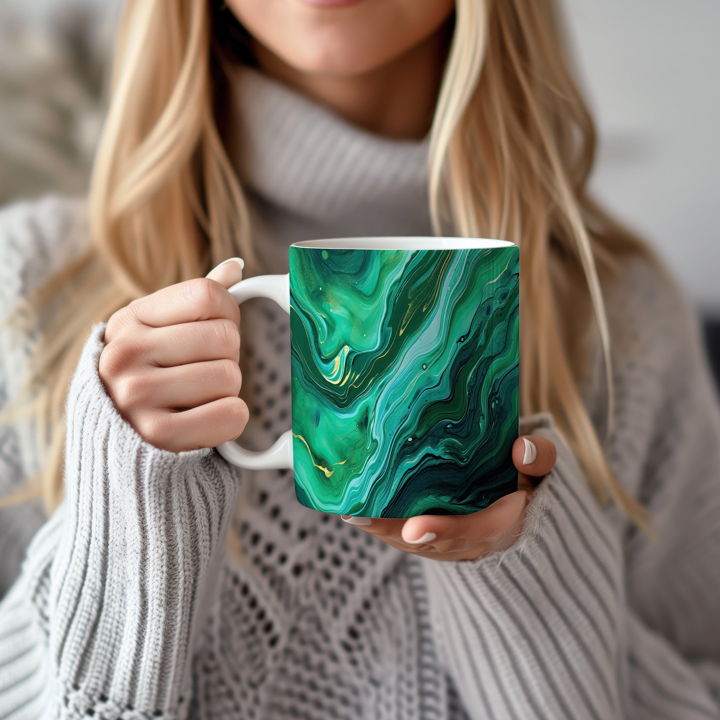 Hrnek s mramorováním v zelených a modrých tónech a 3D efektem