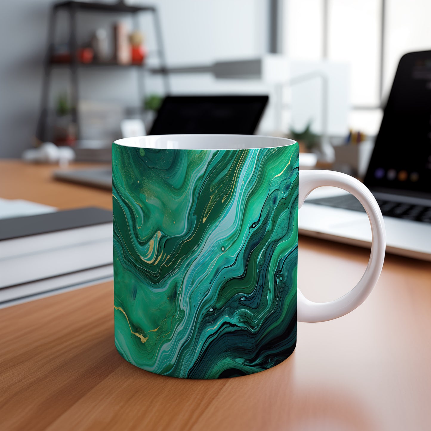 Hrnek s mramorováním v zelených a modrých tónech a 3D efektem