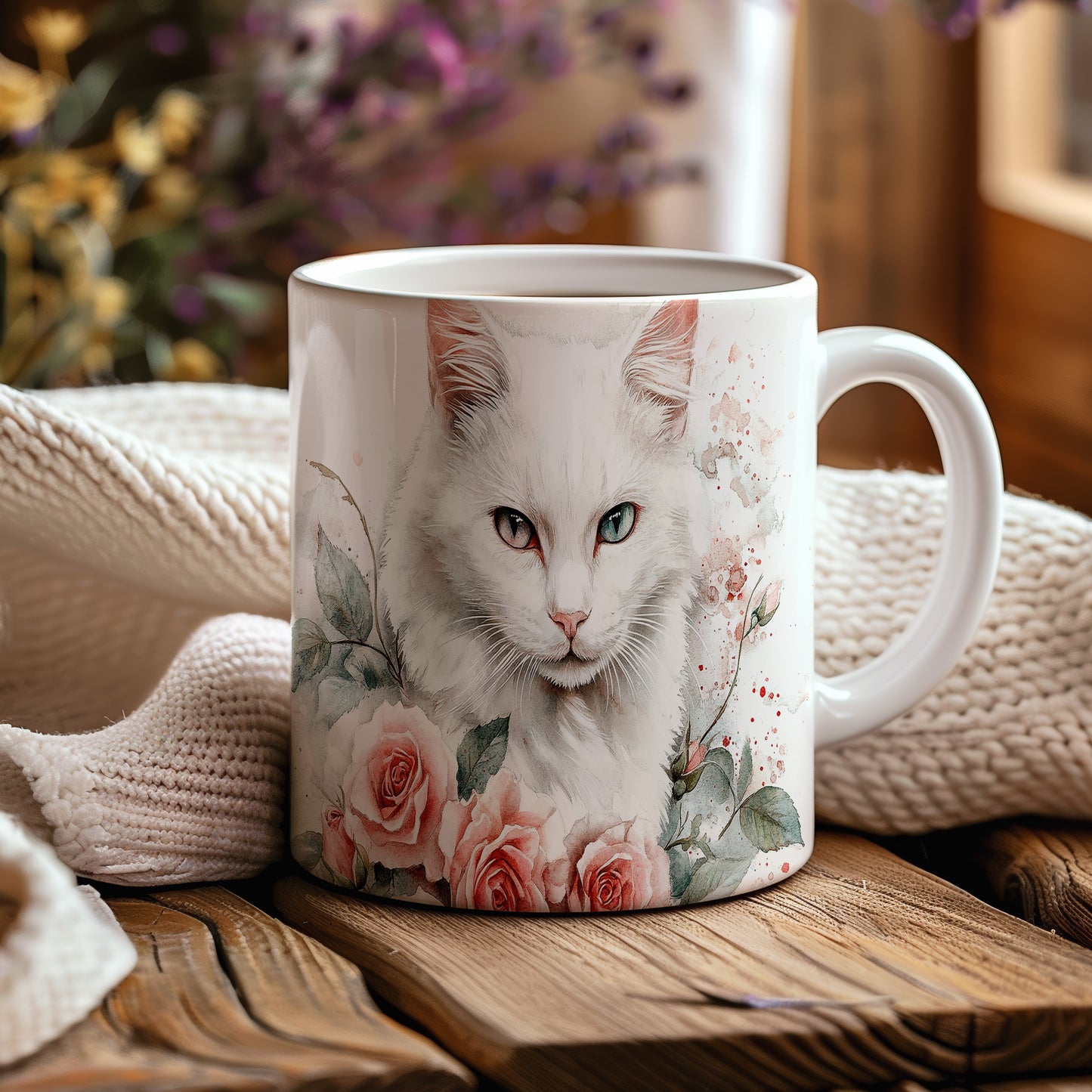 Elegantní hrnek s bílou kočkou a růžemi