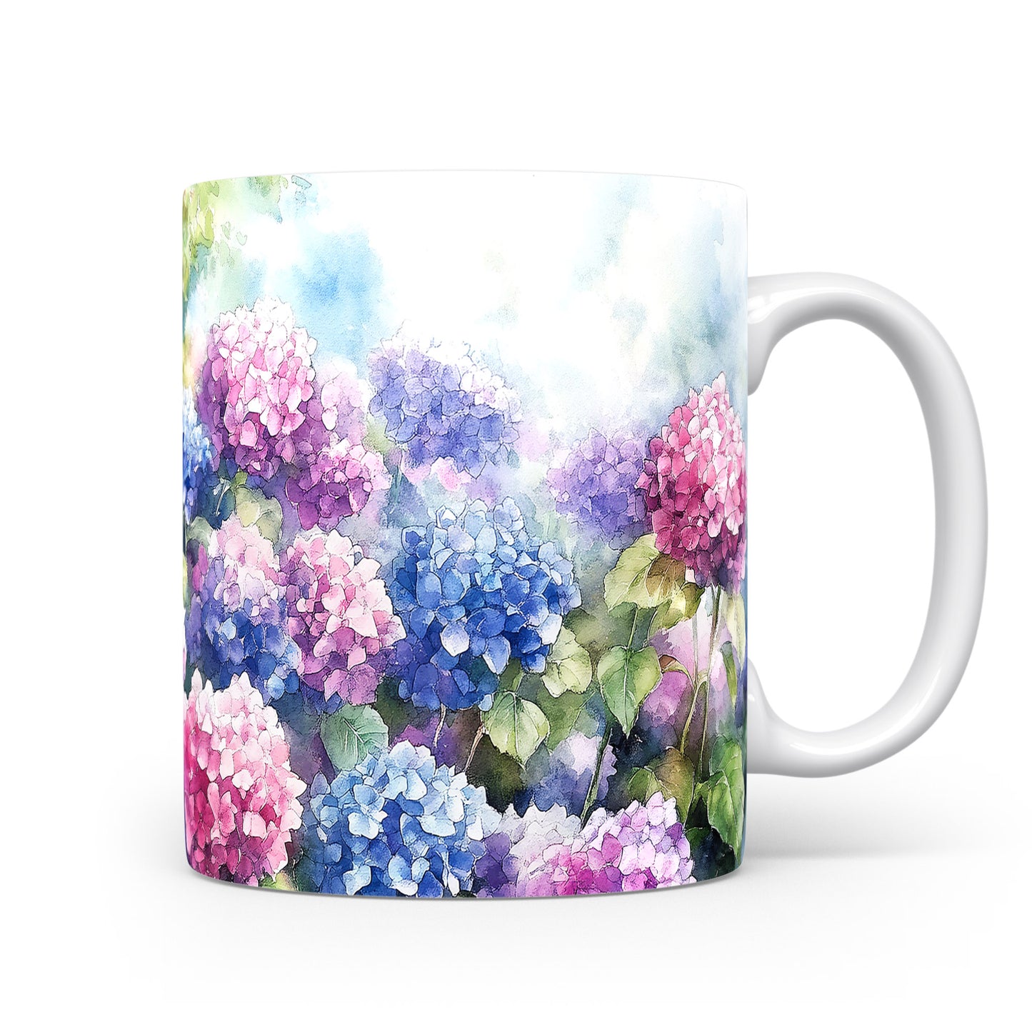 Hrnek s květinovým motivem hortenzií - barevný design