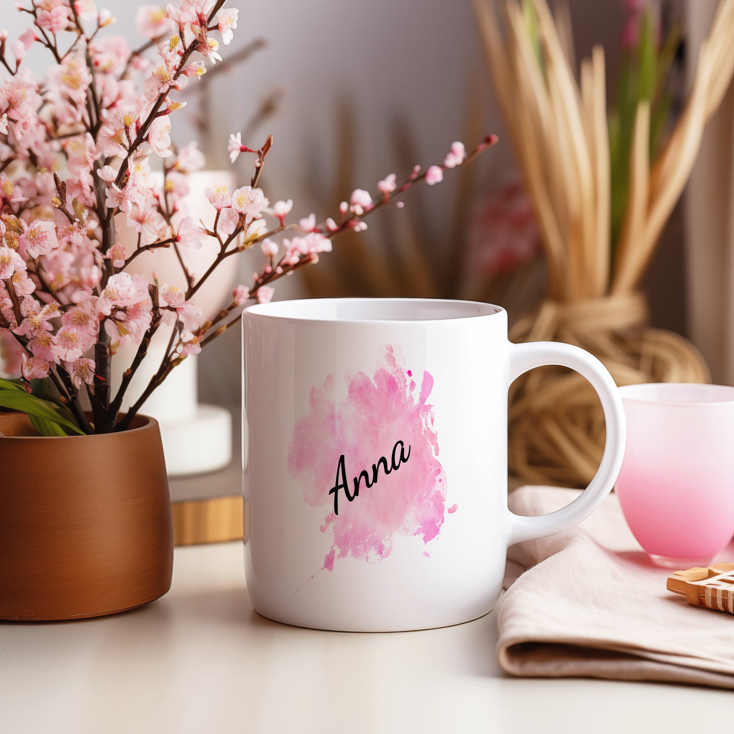 Hrnek se jménem Anna – růžový akvarel
