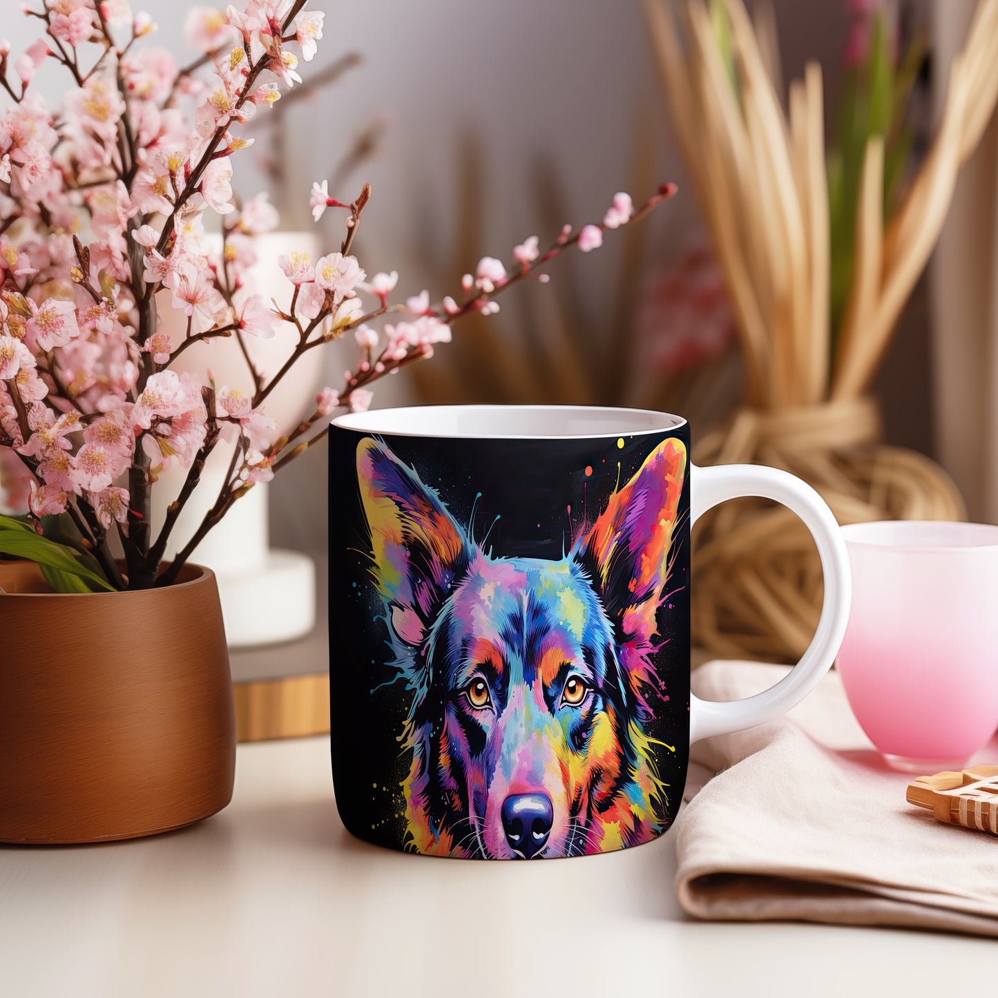 Hrnek s barevným ovčákem – výrazným designem