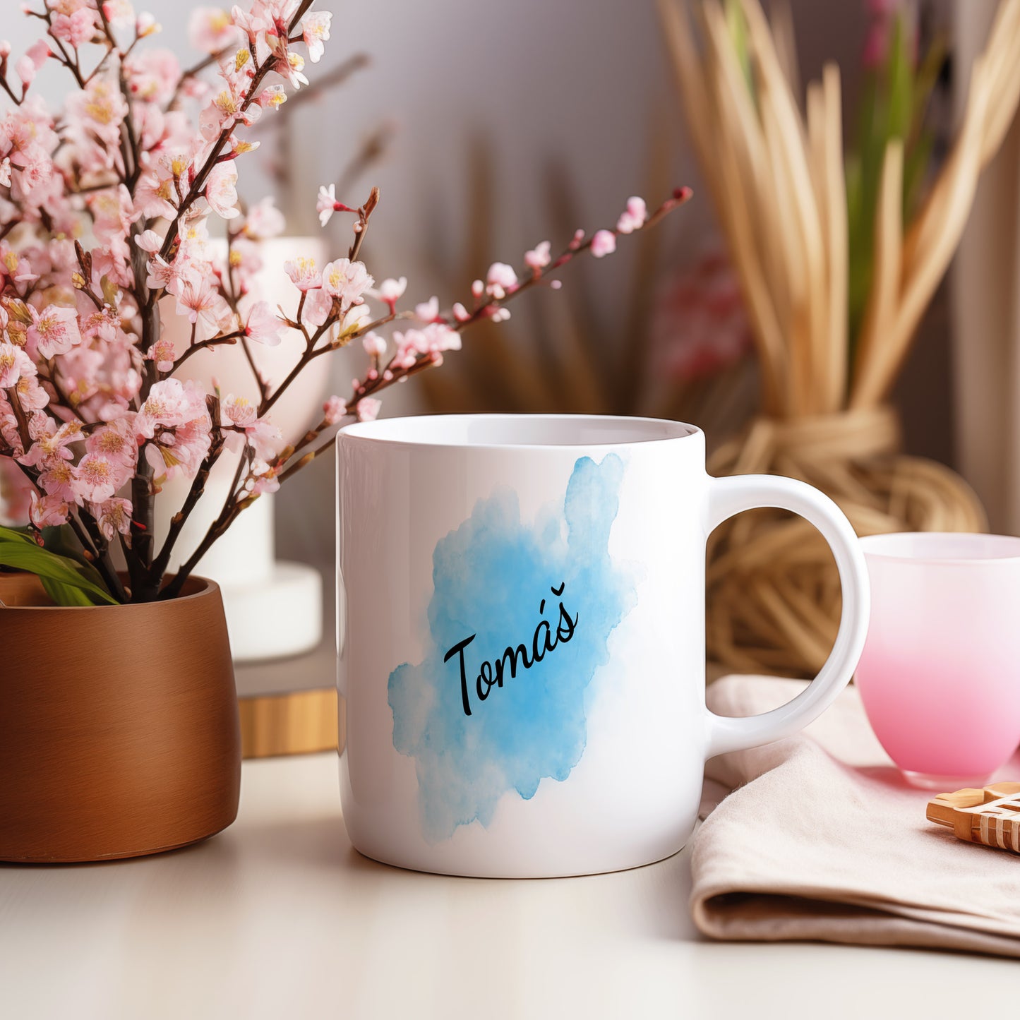 Hrnek se jménem Tomáš – modrý akvarel