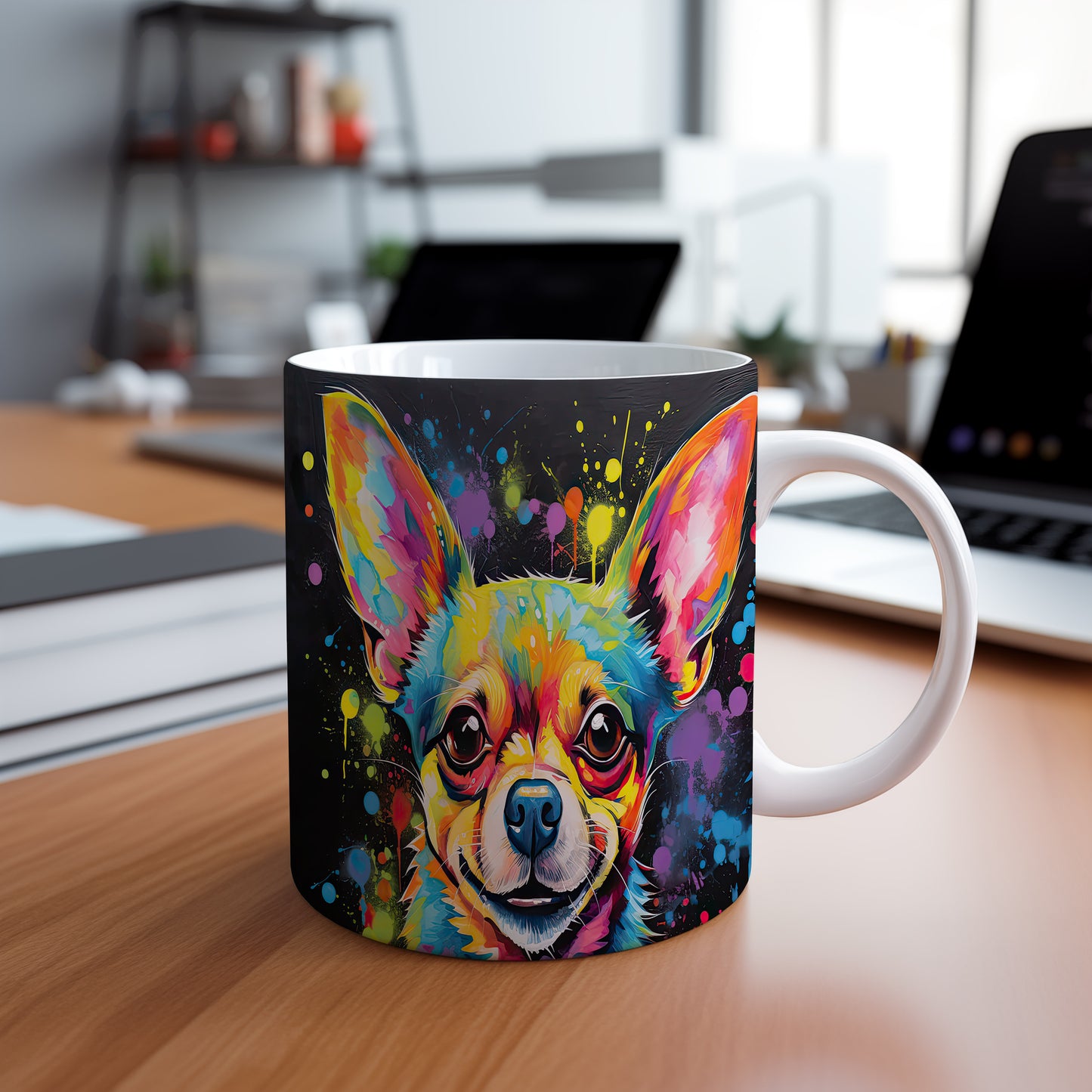 Hrnek s barevným portrétem čivavy – černým akcentem