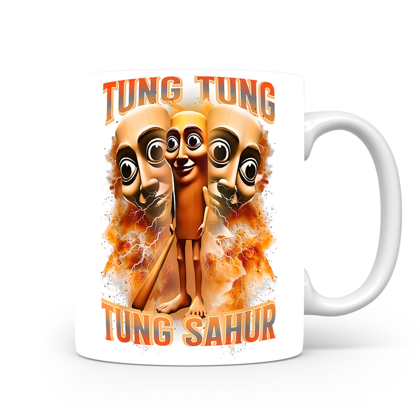 Hrnek s italským brainrotem – Tung Tung Tung Sahur — plameny a jiskry