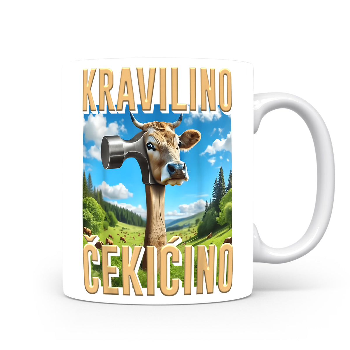 Hrnek s italským brainrotem – Kravlino Cekicino — kravička na louce