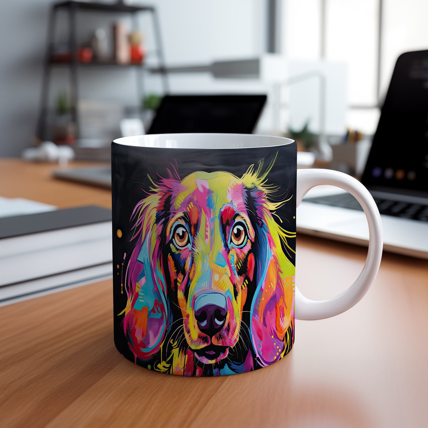 Hrnek s barevným retrívrem v pop-art stylu