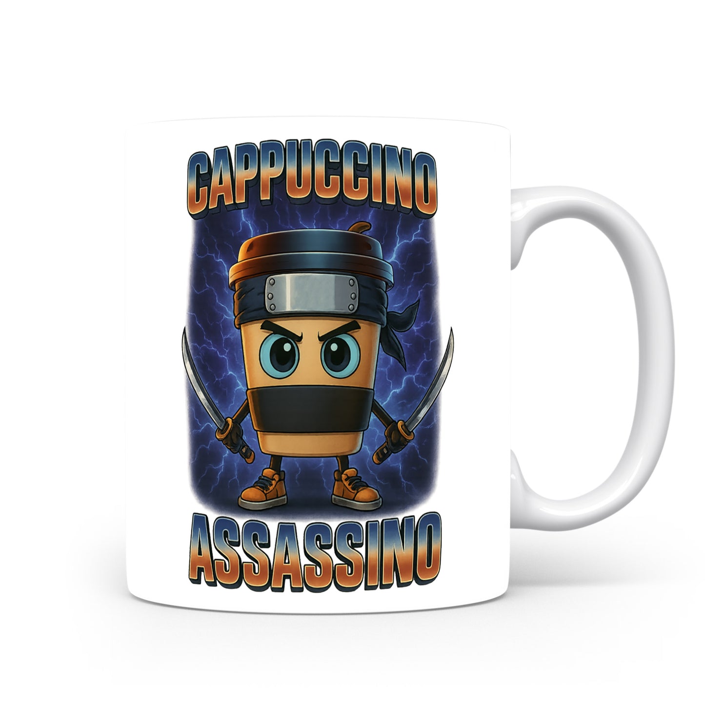 Hrnek s italským brainrotem – Cappuccino Assassino — tmavě modrá aura