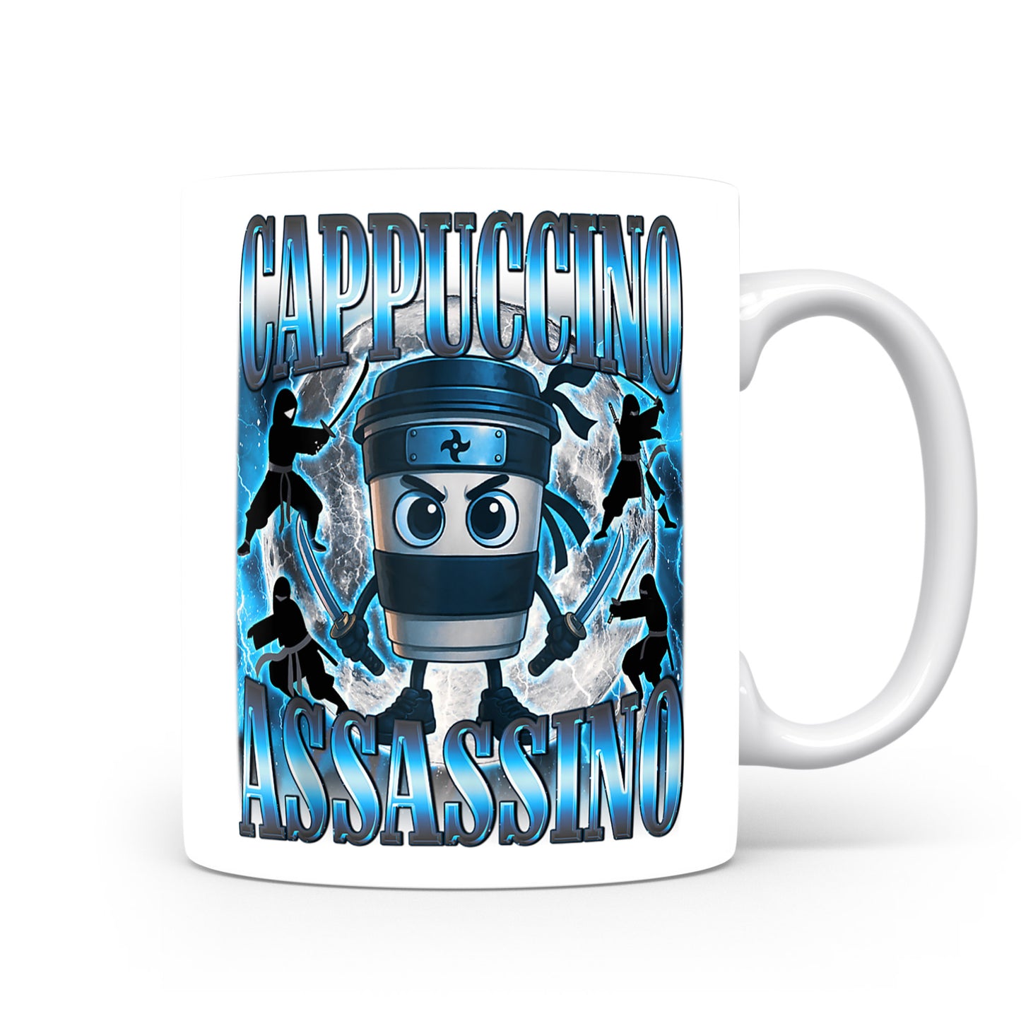 Hrnek s italským brainrotem – Cappuccino Assassino — ledová aura