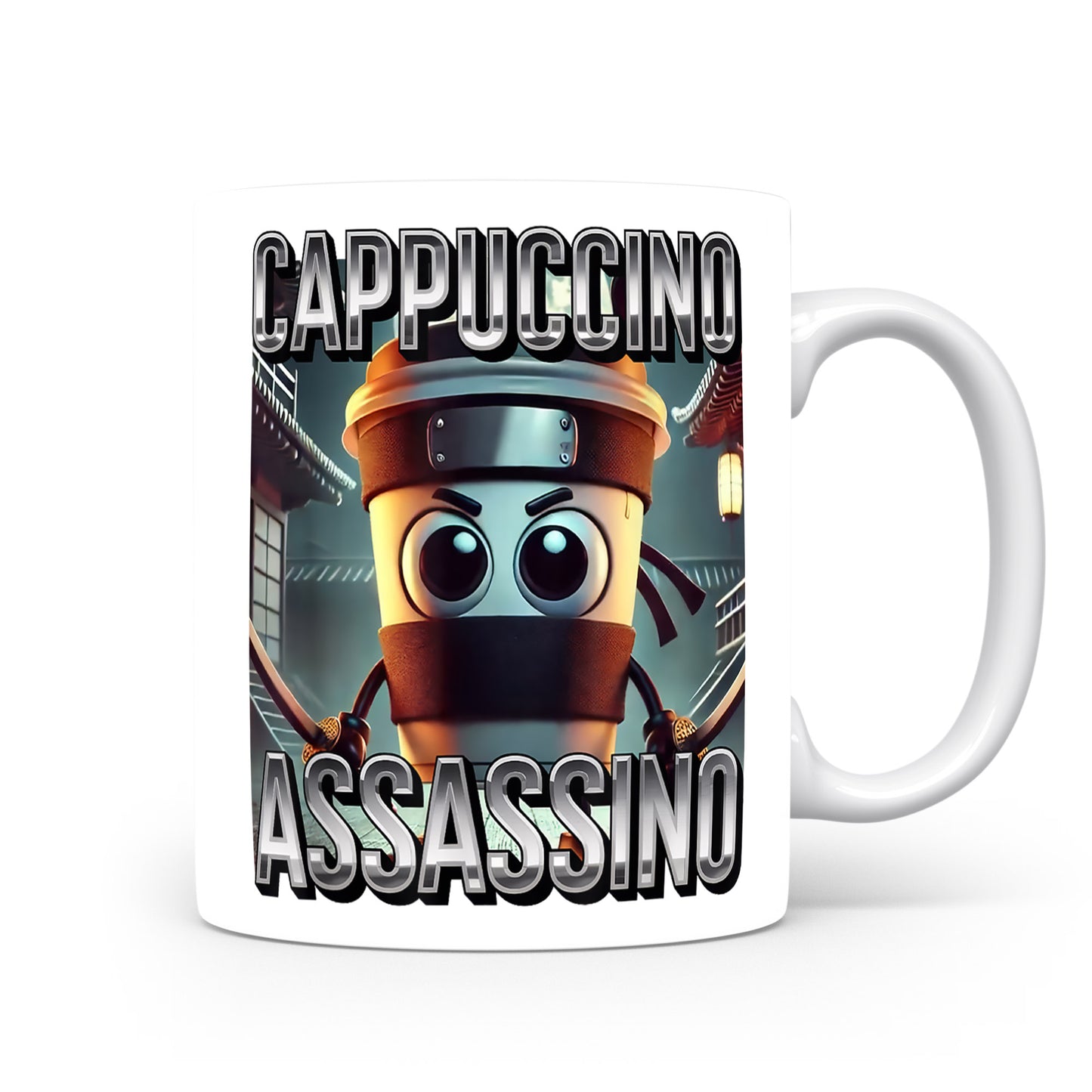 Hrnek s italským brainrotem – Cappuccino Assassino — šedá aura