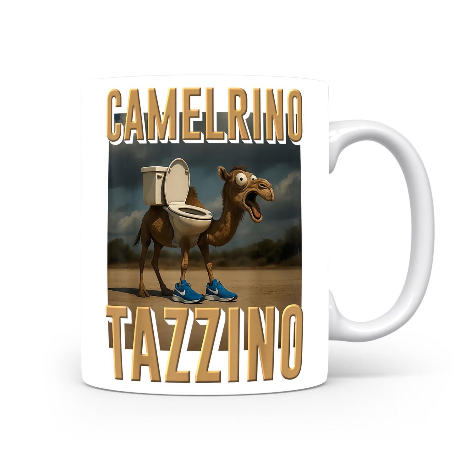 Hrnek s italským brainrotem – Camelrino Tazzino — velbloud v teniskách