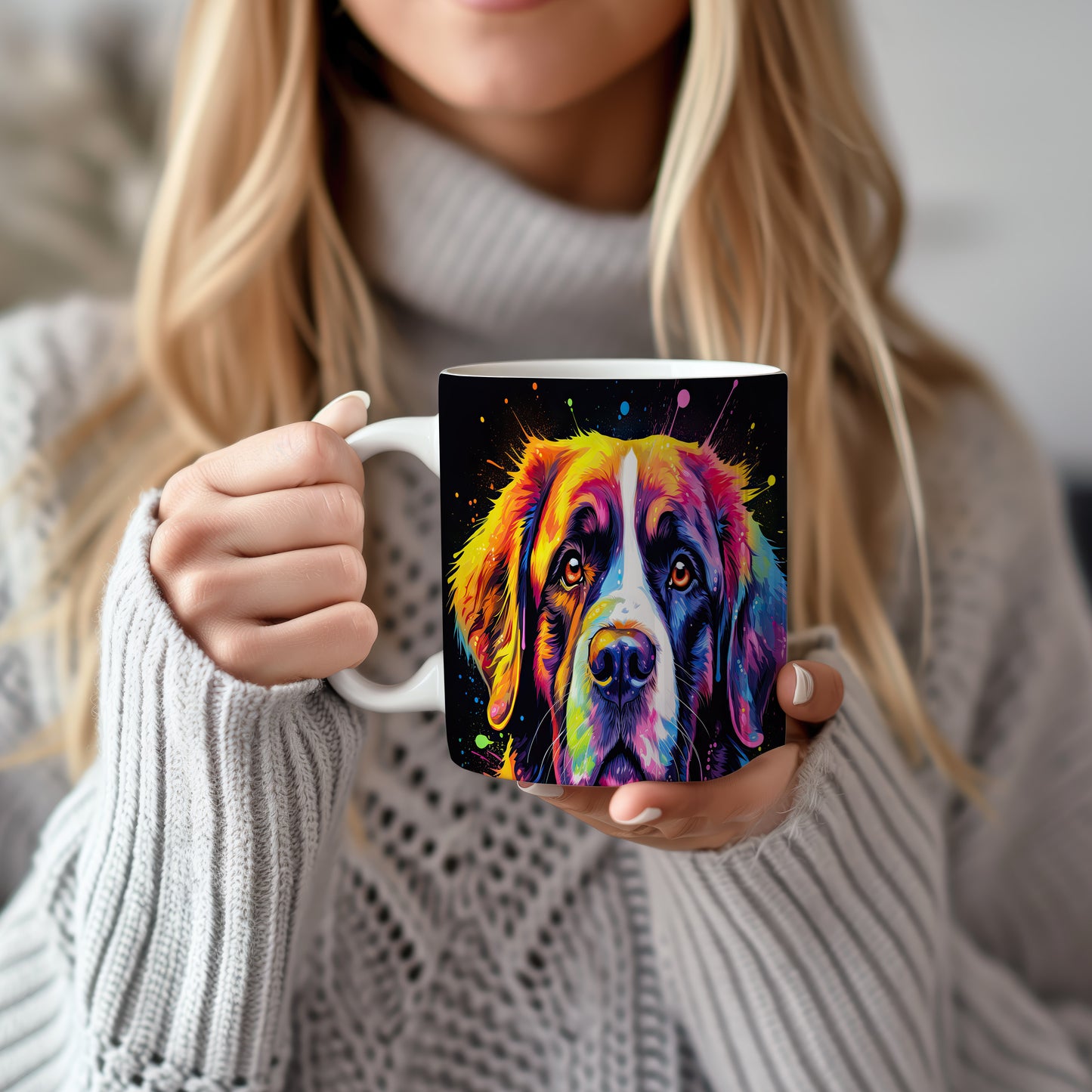 Hrnek s digitální ilustrací psa v barevných tónech