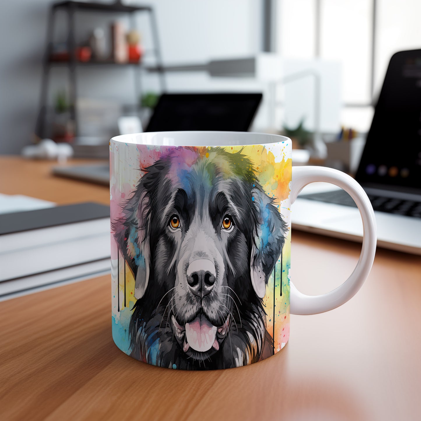 Hrnek s portrétem psa na barevném pozadí