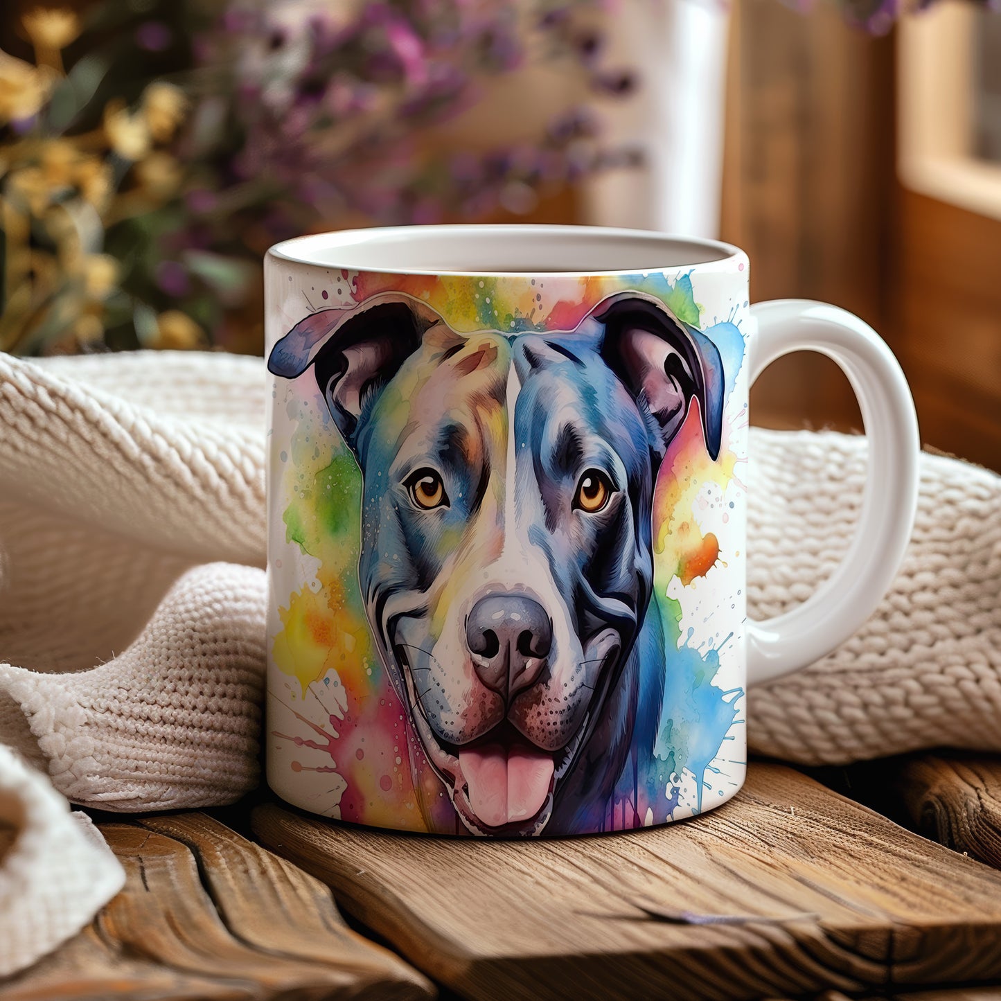 Hrnek s pitbullem a duhovým pozadím