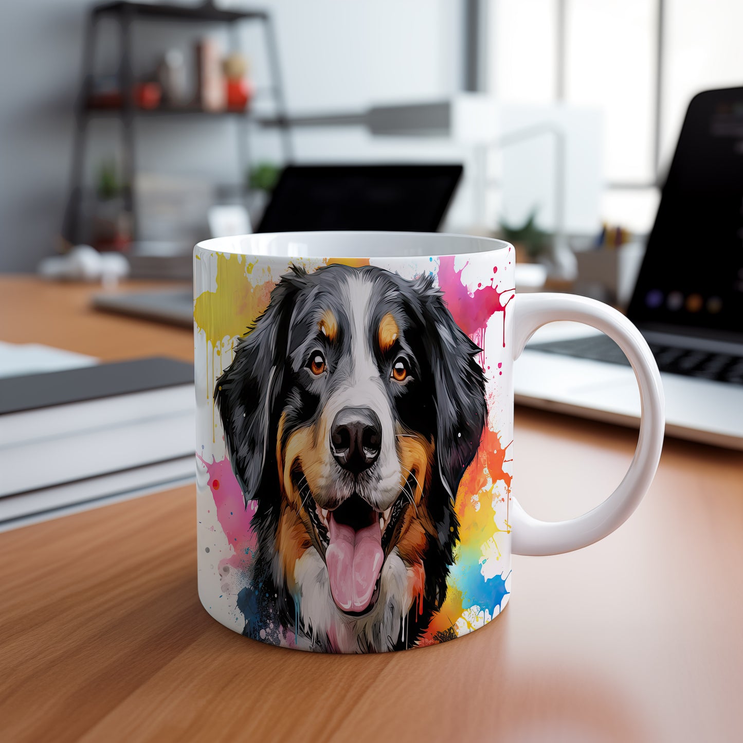 Hrnek s bernským salašnickým ovčákem a barevným pozadím