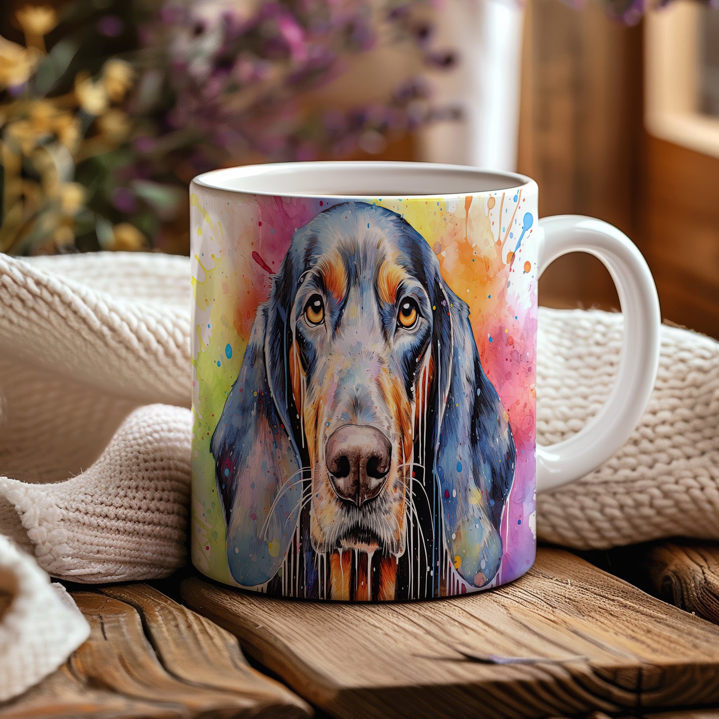 Hrnek s barevným coonhound a veselým designem