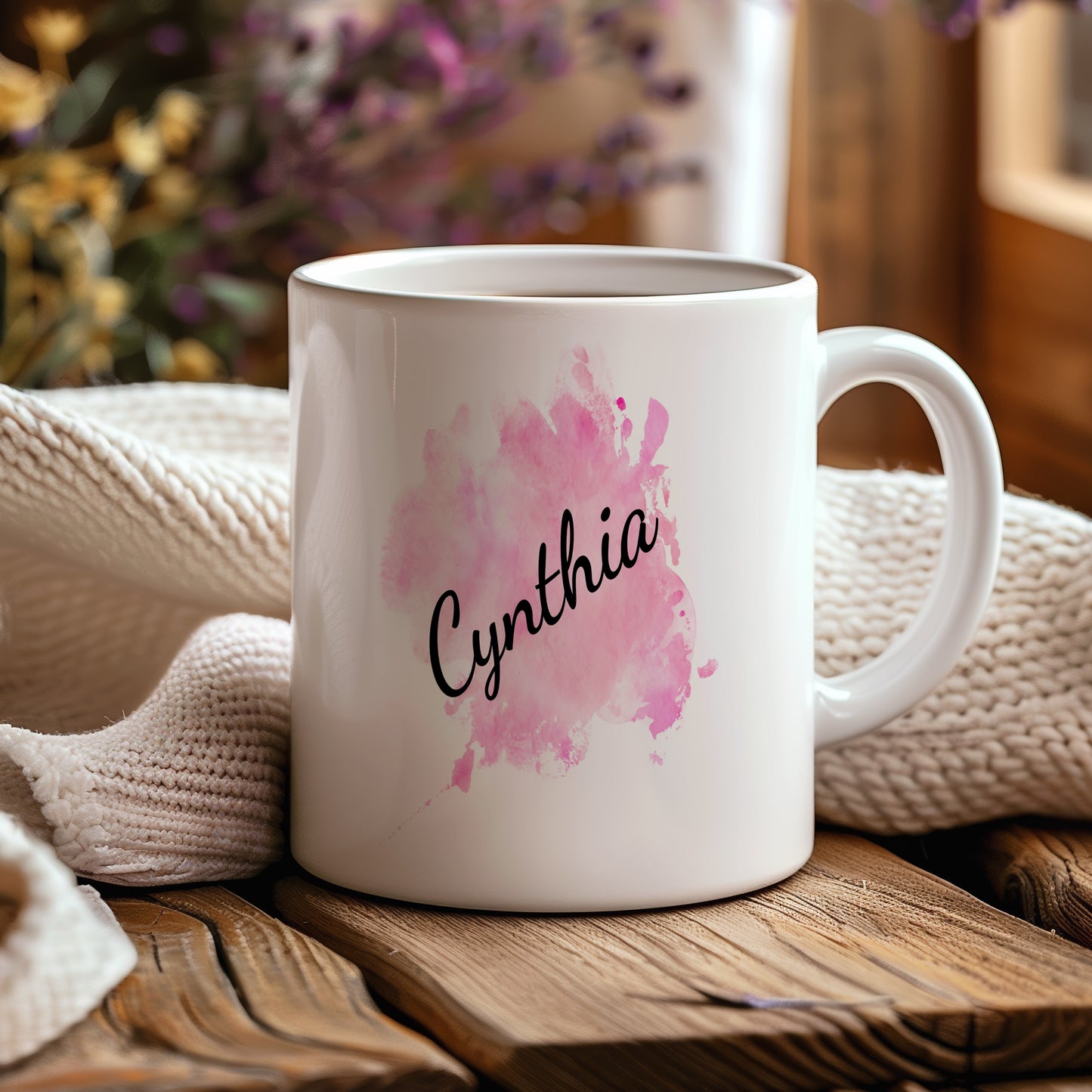 Hrnek se jménem Cynthia – růžový akvarel