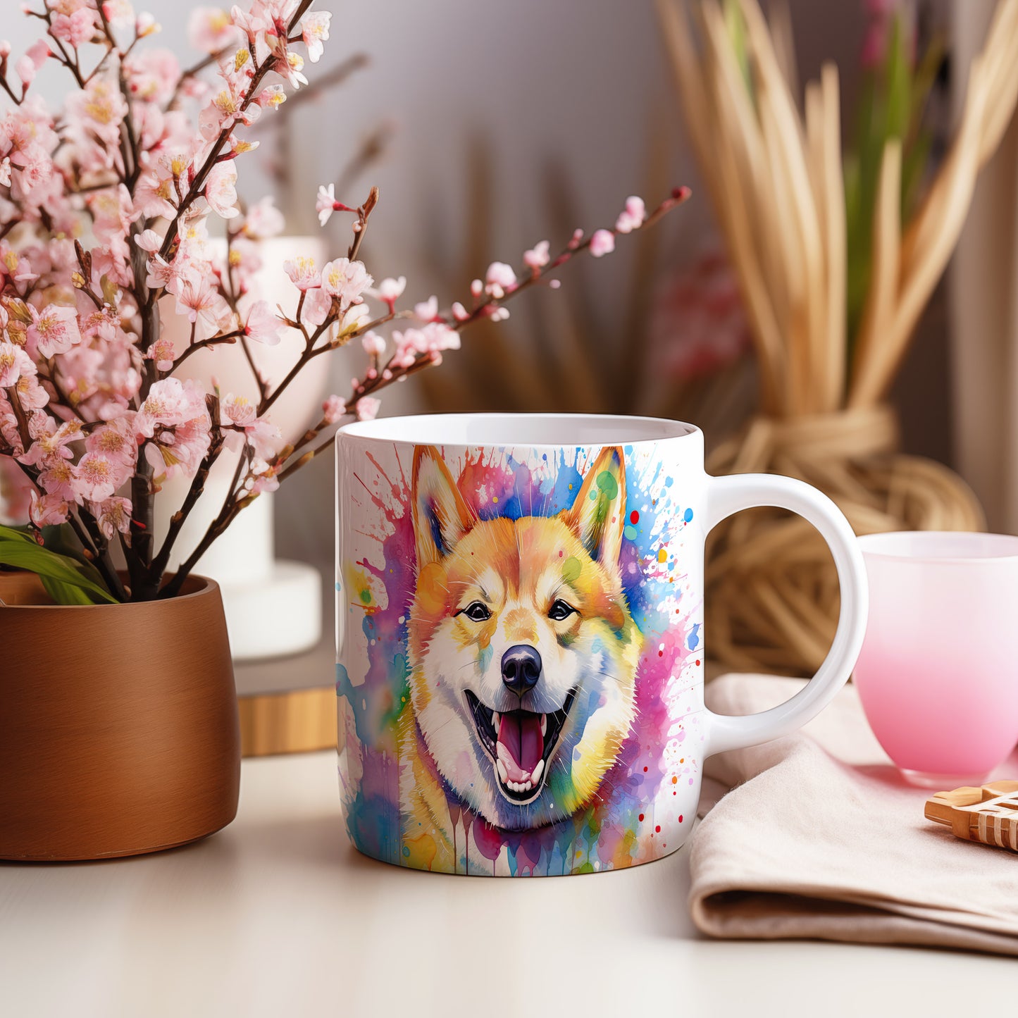Hrnek se šťastným shibainu a barevnou explozí