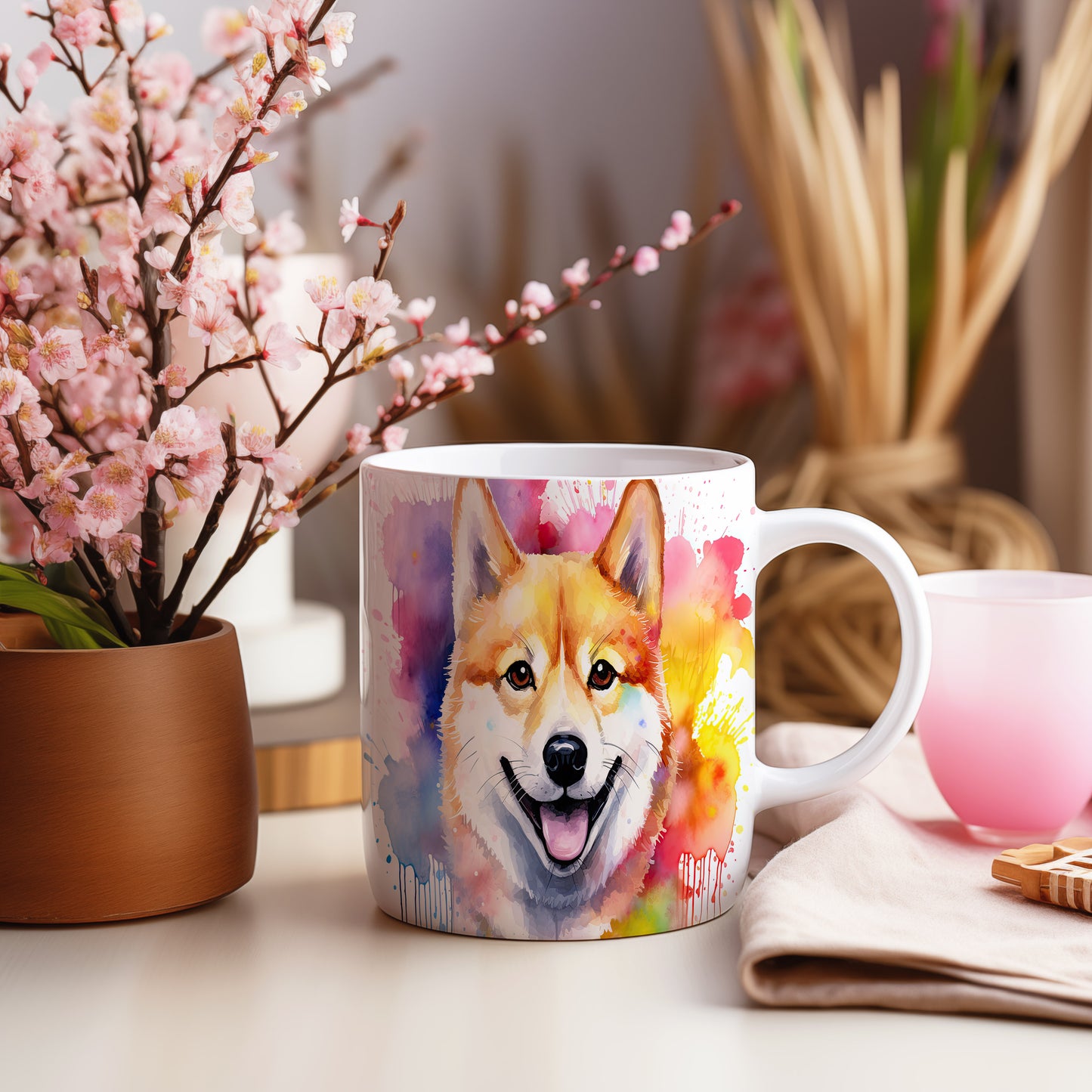 Hrnek s veselým shibainu a duhovým pozadím
