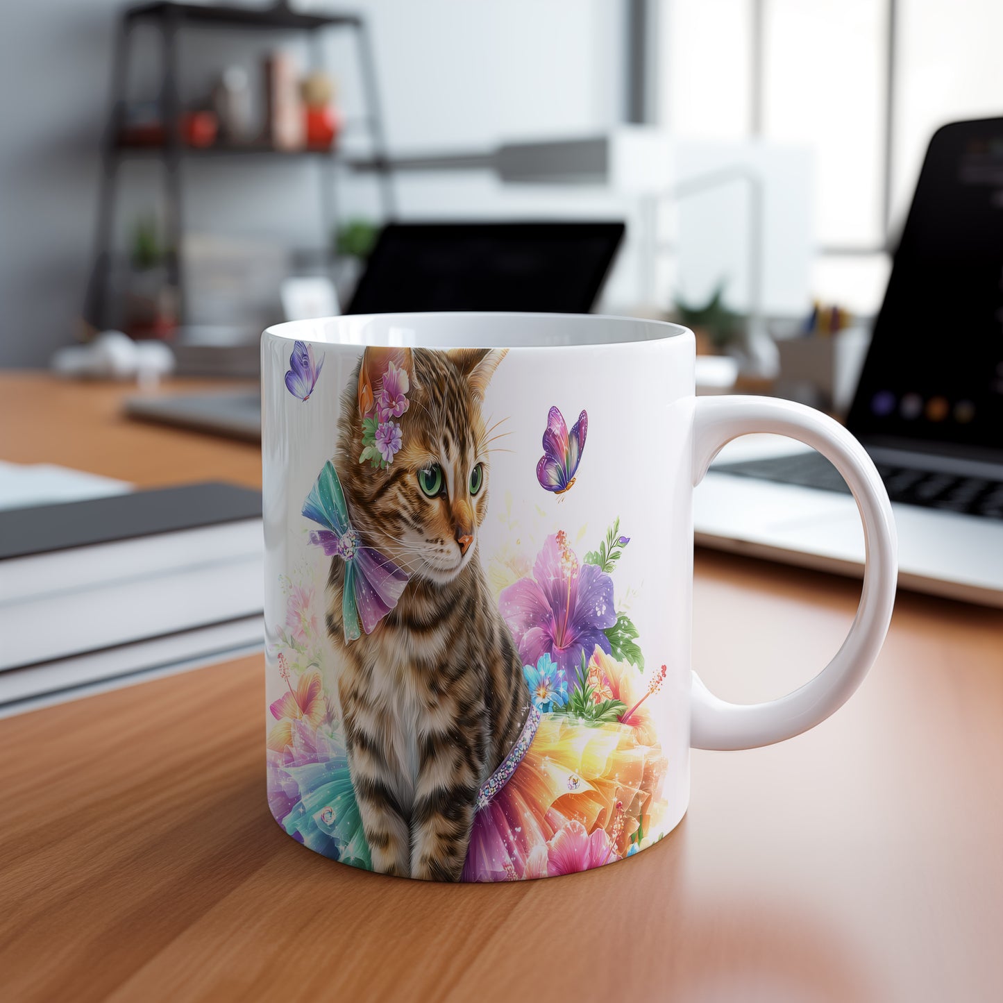 Hrnek s elegantní kočkou a květinami