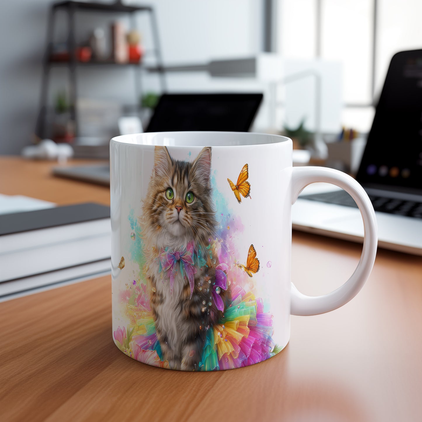 Hrnek s roztomilou kočkou a barevnými motýly