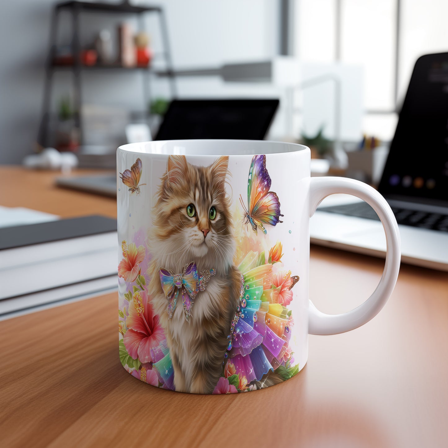 Hrnek s roztomilou kočkou a motýly