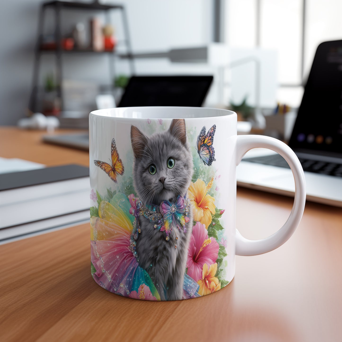 Hrnek s roztomilou kočkou a květinami