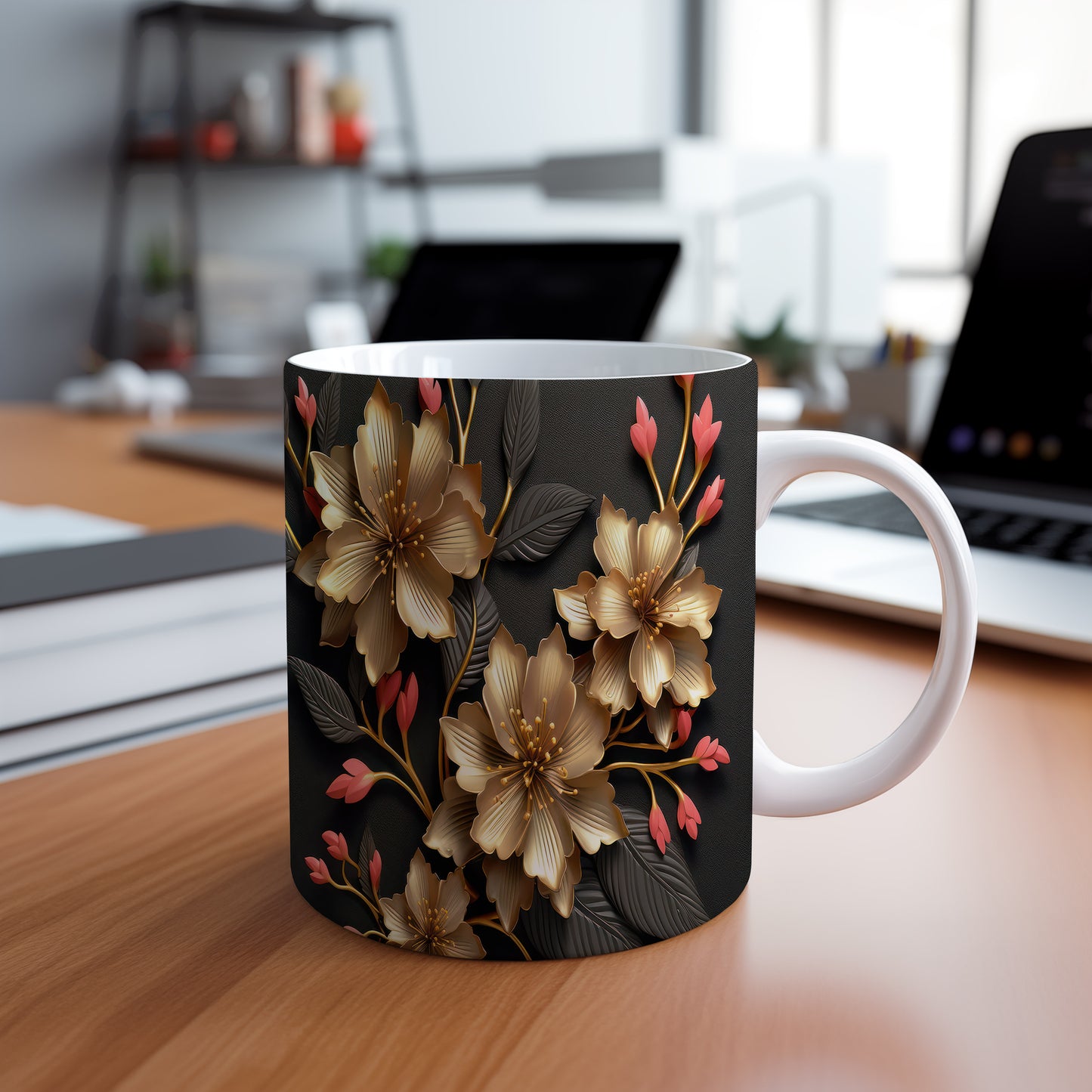 Hrnek s květinami na černém pozadí