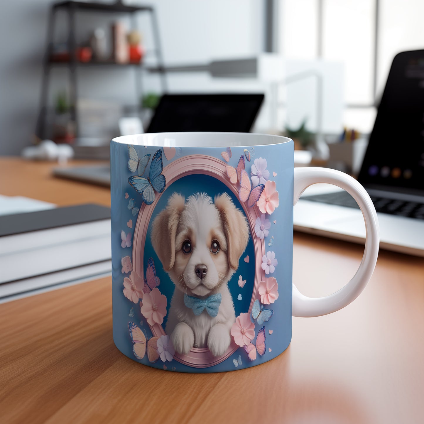 Hrnek se štěňátkem v květinovém rámečku