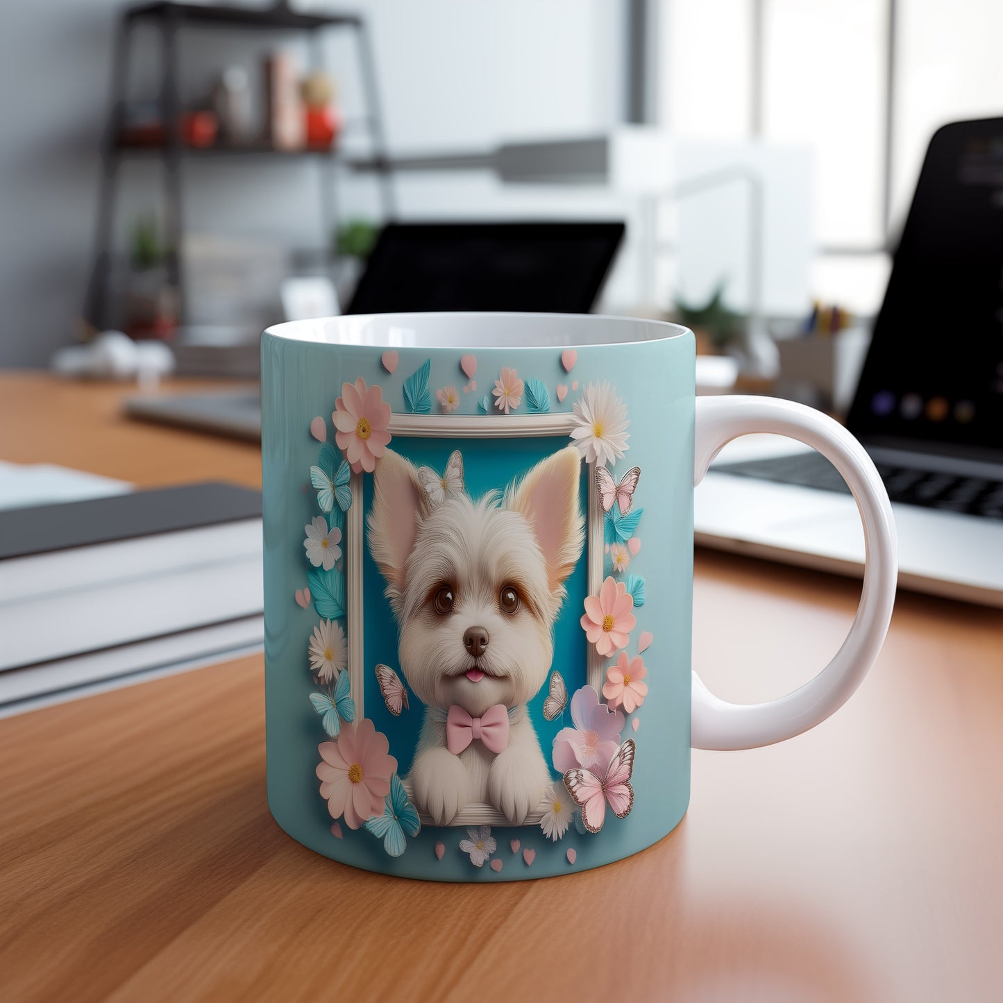 Hrnek s roztomilým pejskem v květinovém rámu