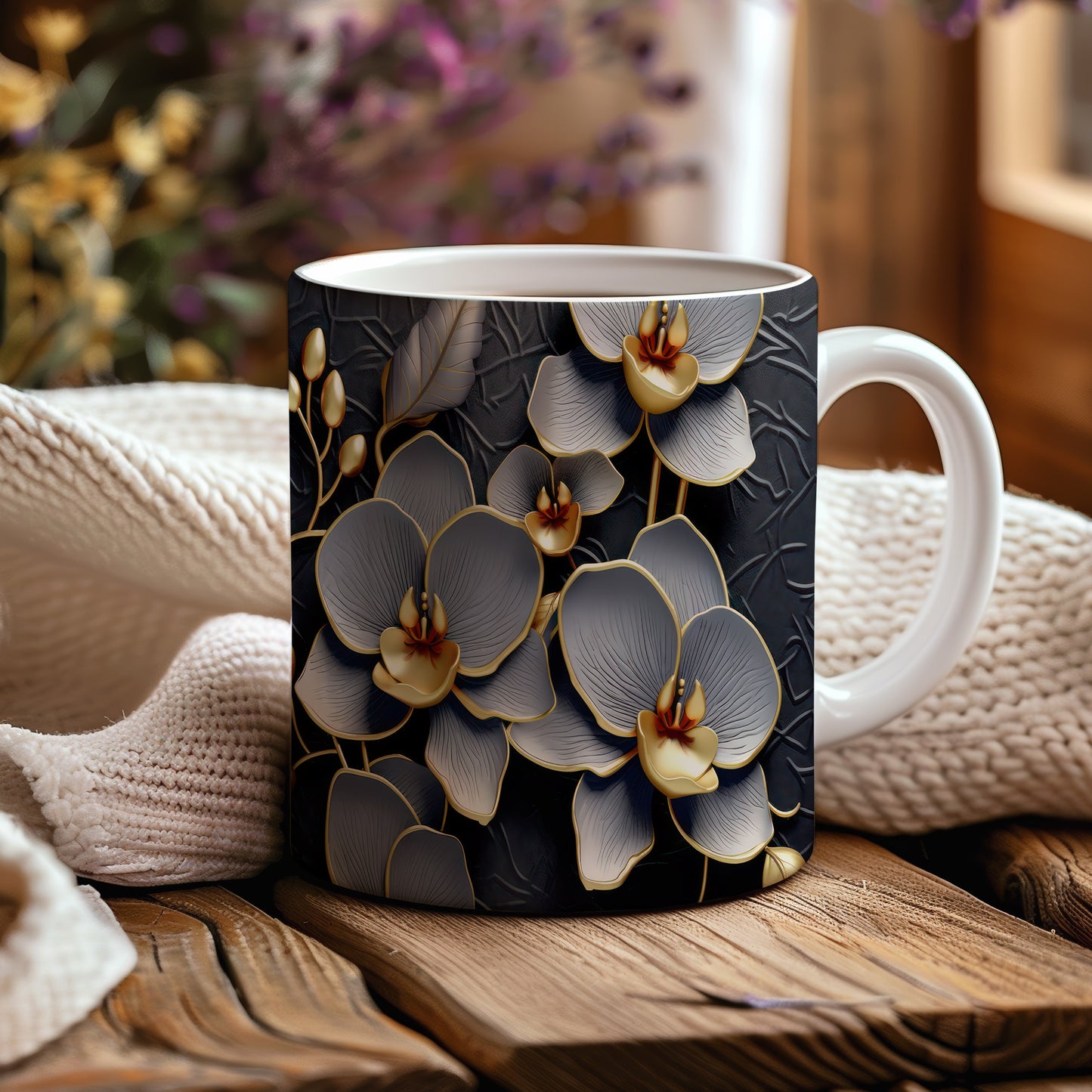Hrnek s elegantními orchidejemi