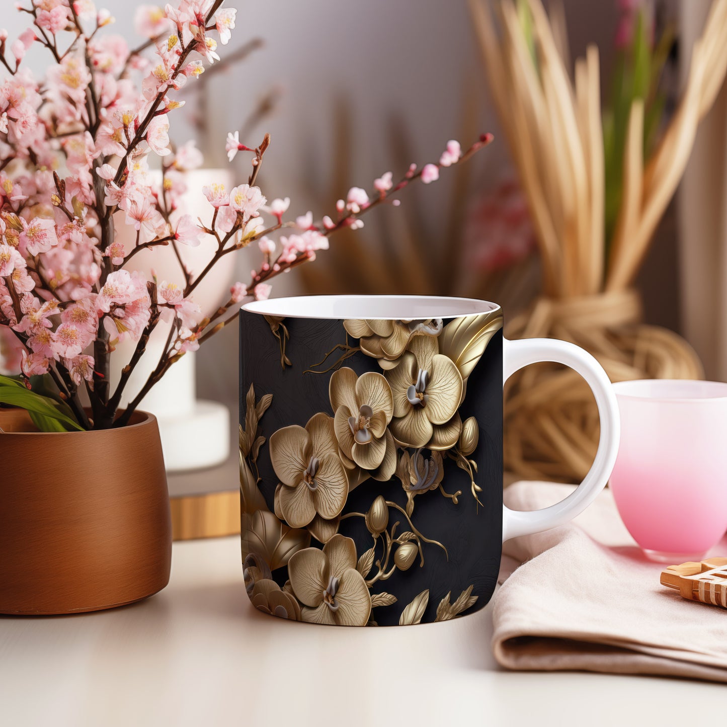 Hrnek s elegantními zlatými orchidejemi