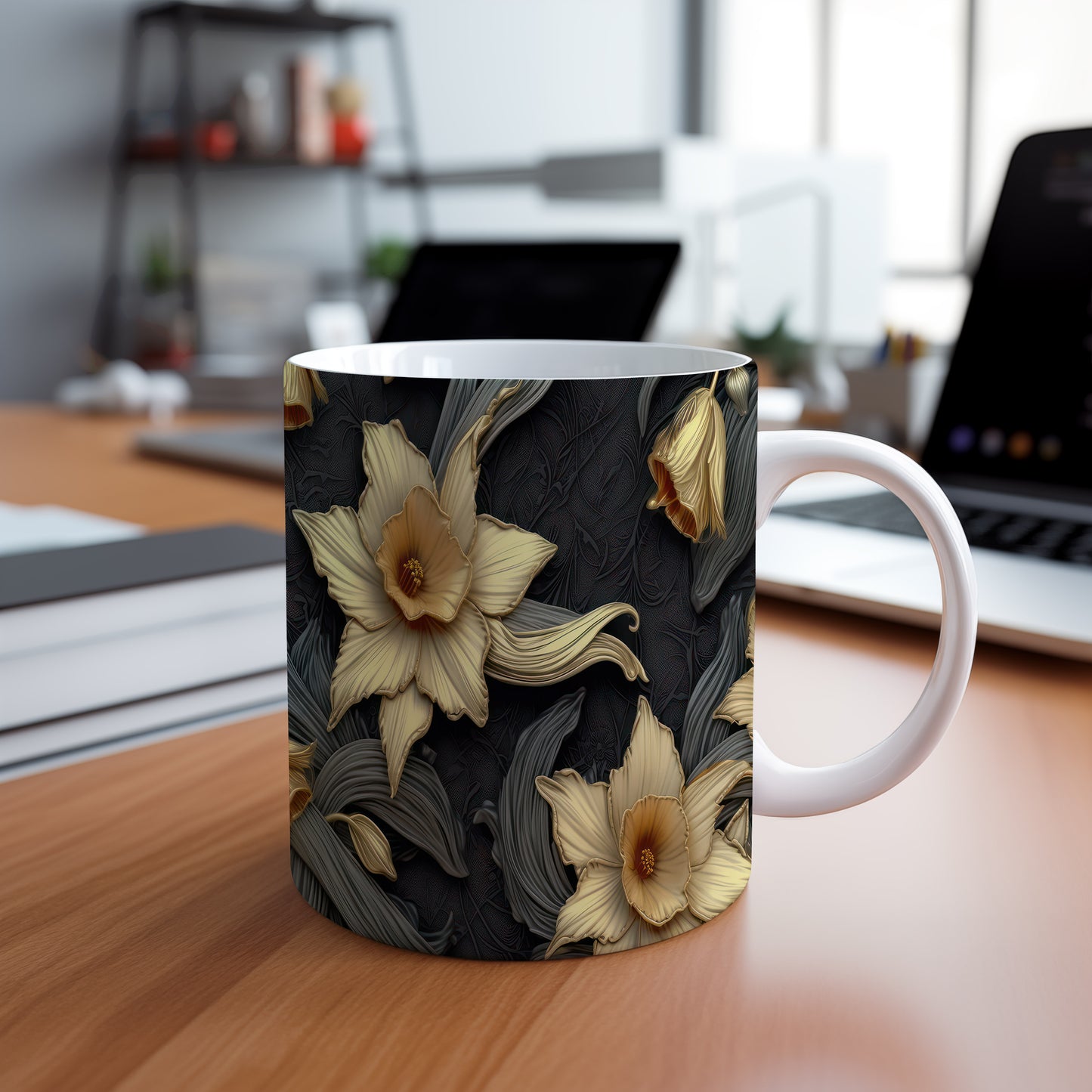 Hrnek se žlutými květy – černým akcentem