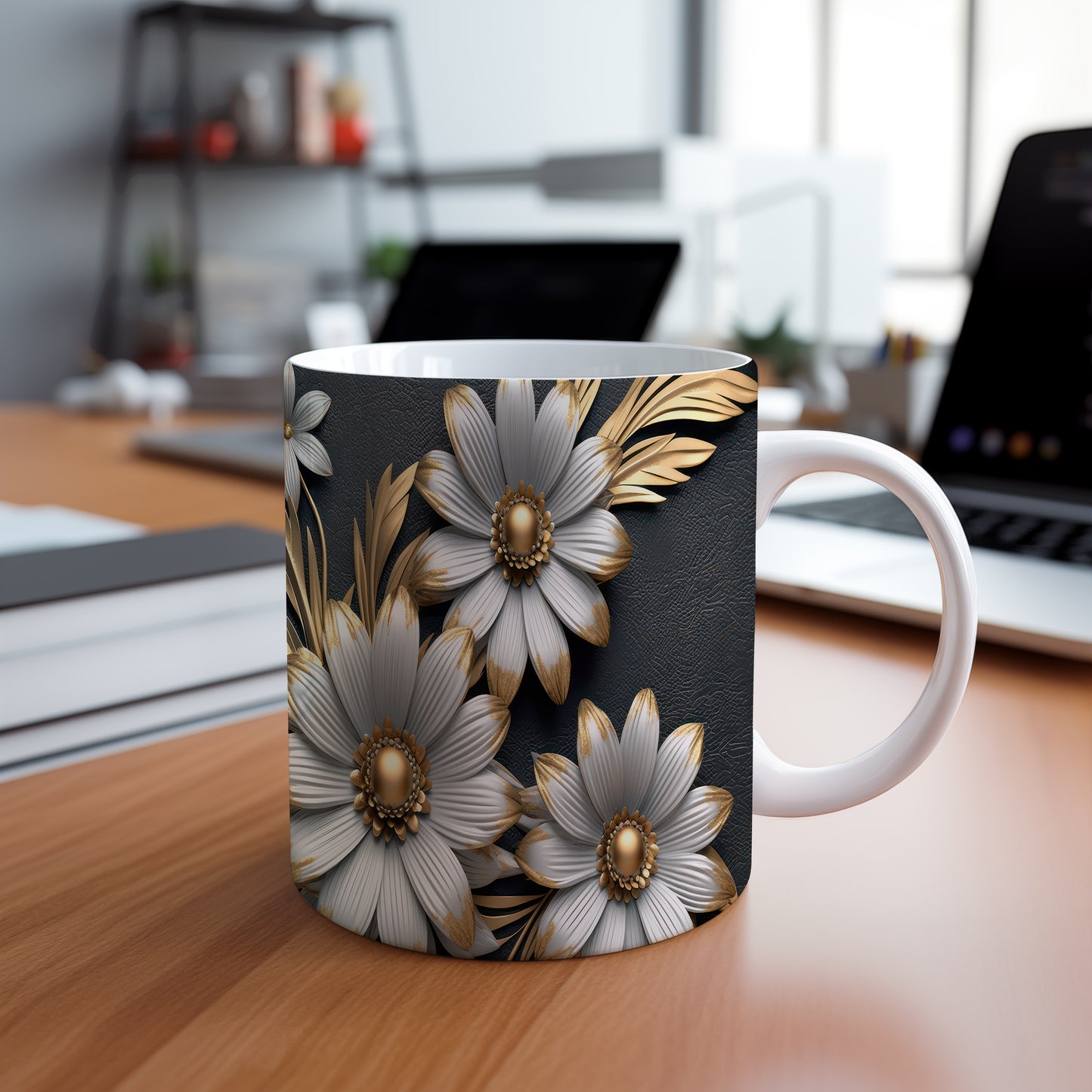 Hrnek s elegantními květinami – černobílým motivem