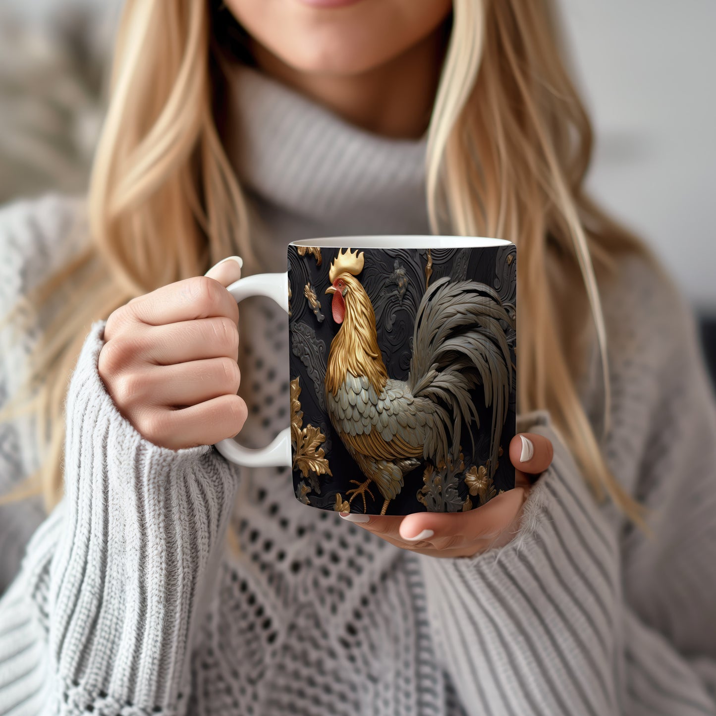 Hrnek s elegantním motivem kohouta – černým akcentem