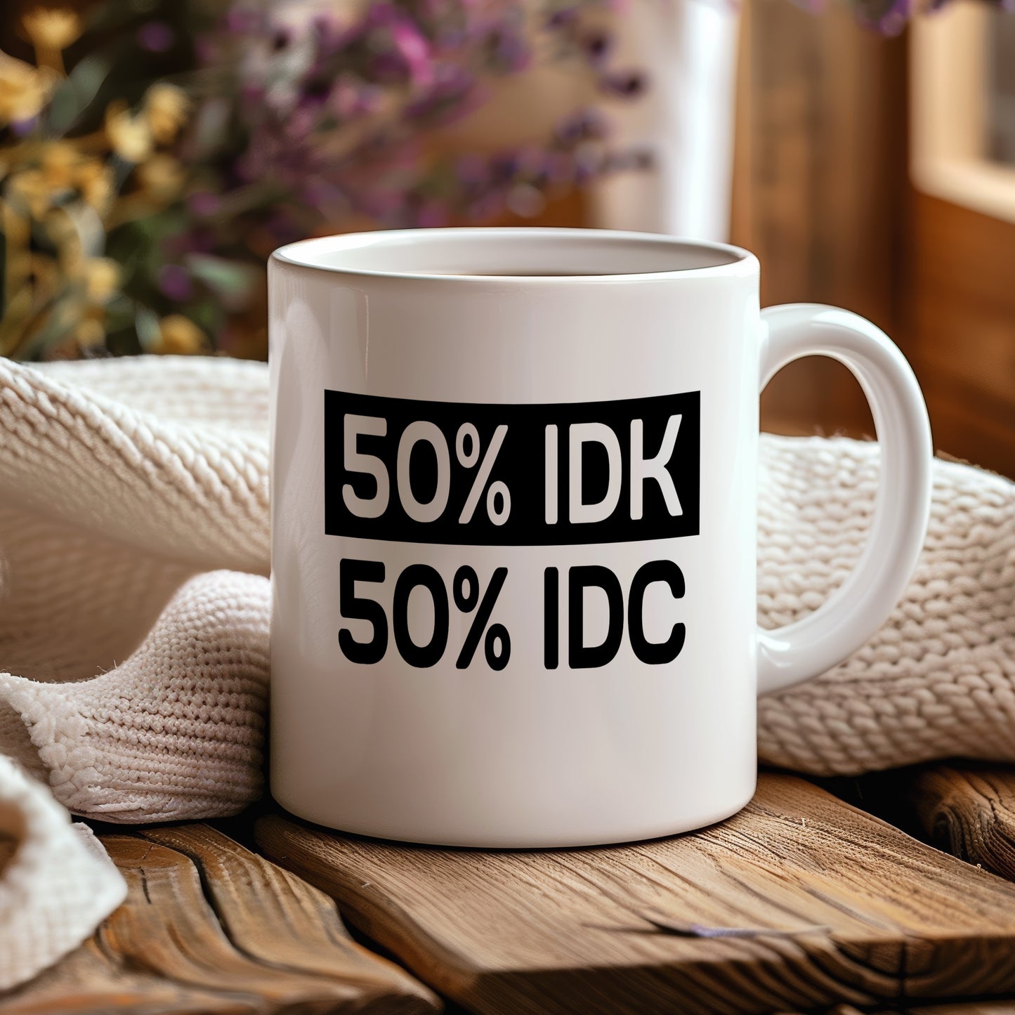 Hrnek s vtipným nápisem – 50% IDK