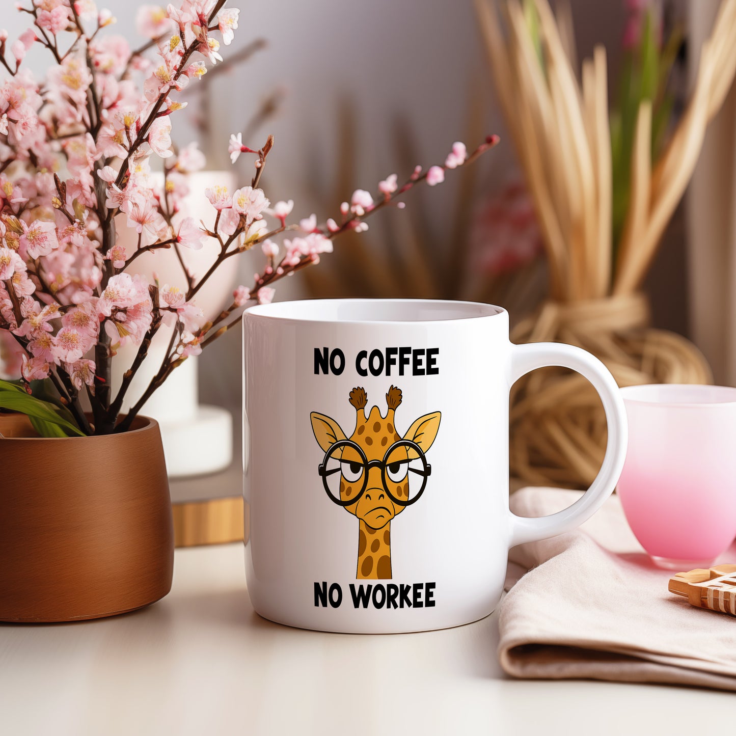 Hrnek s vtipným nápisem – NO COFFEE – žirafa s brýlemi