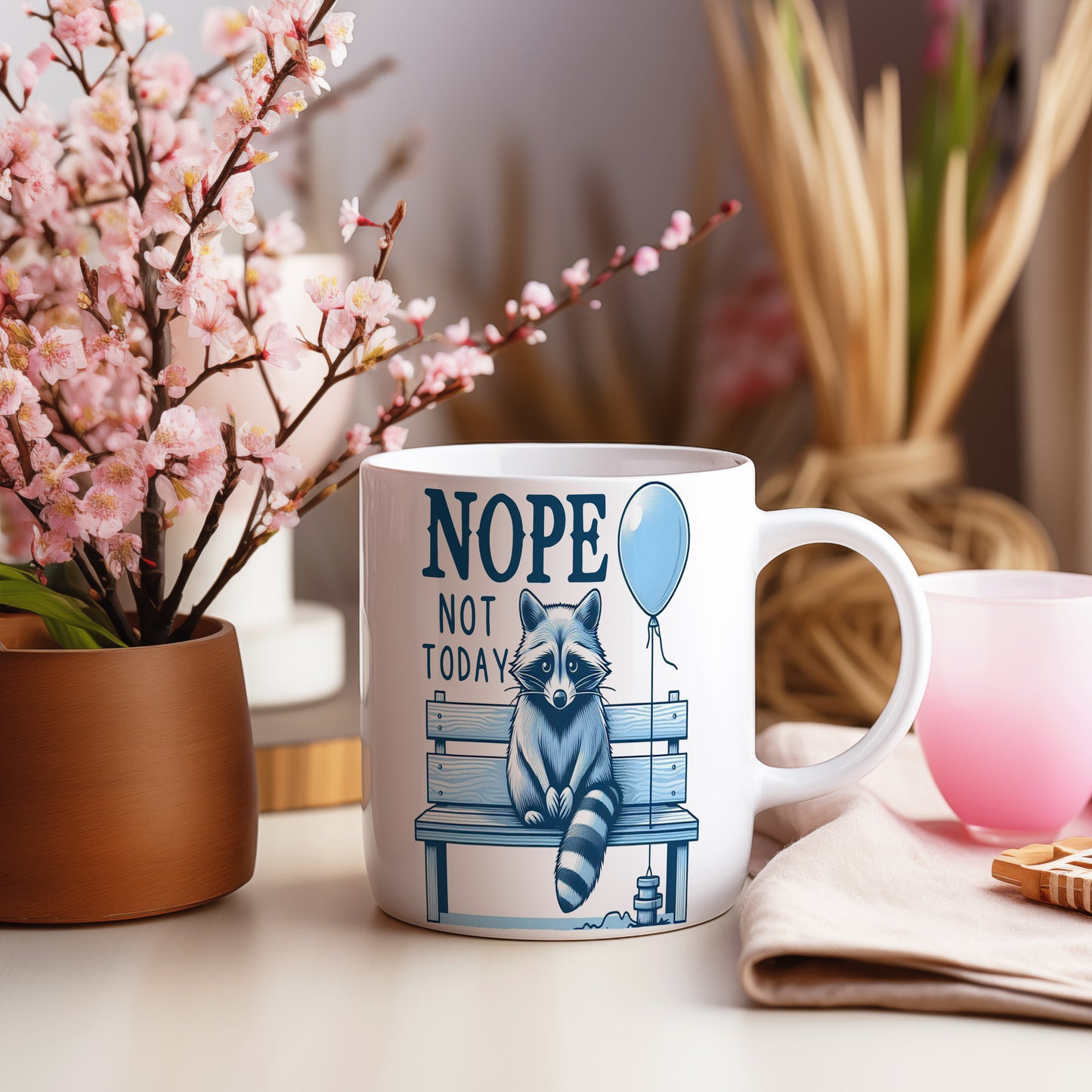 Hrnek s vtipným nápisem – NOPE – modro-bílý motiv