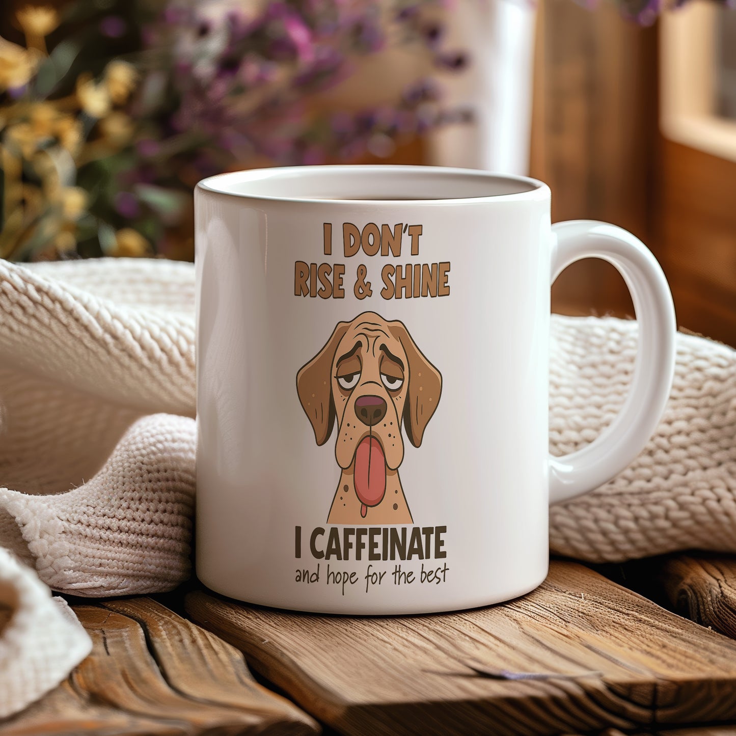Hrnek s vtipným nápisem – I DON'T RISE & SHINE