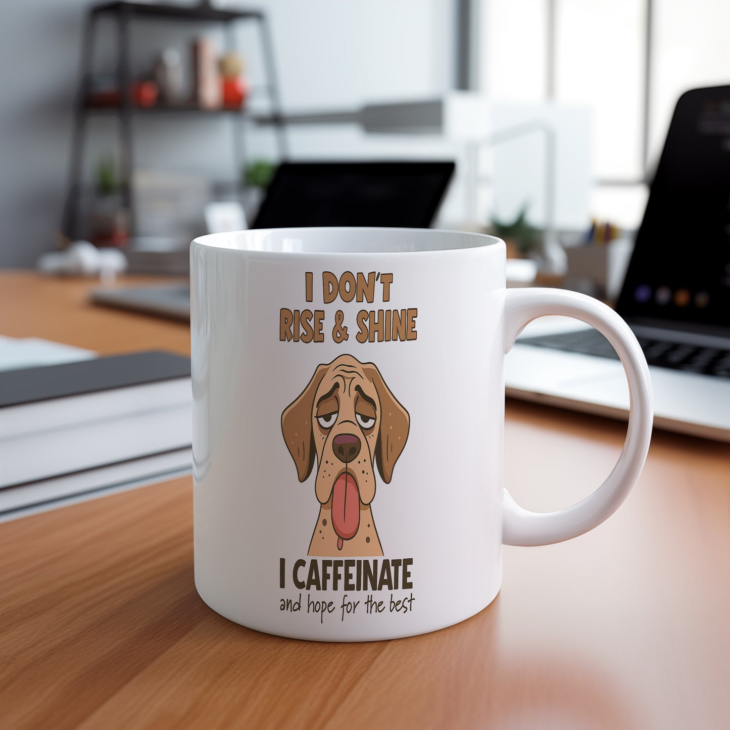 Hrnek s vtipným nápisem – I DON'T RISE & SHINE