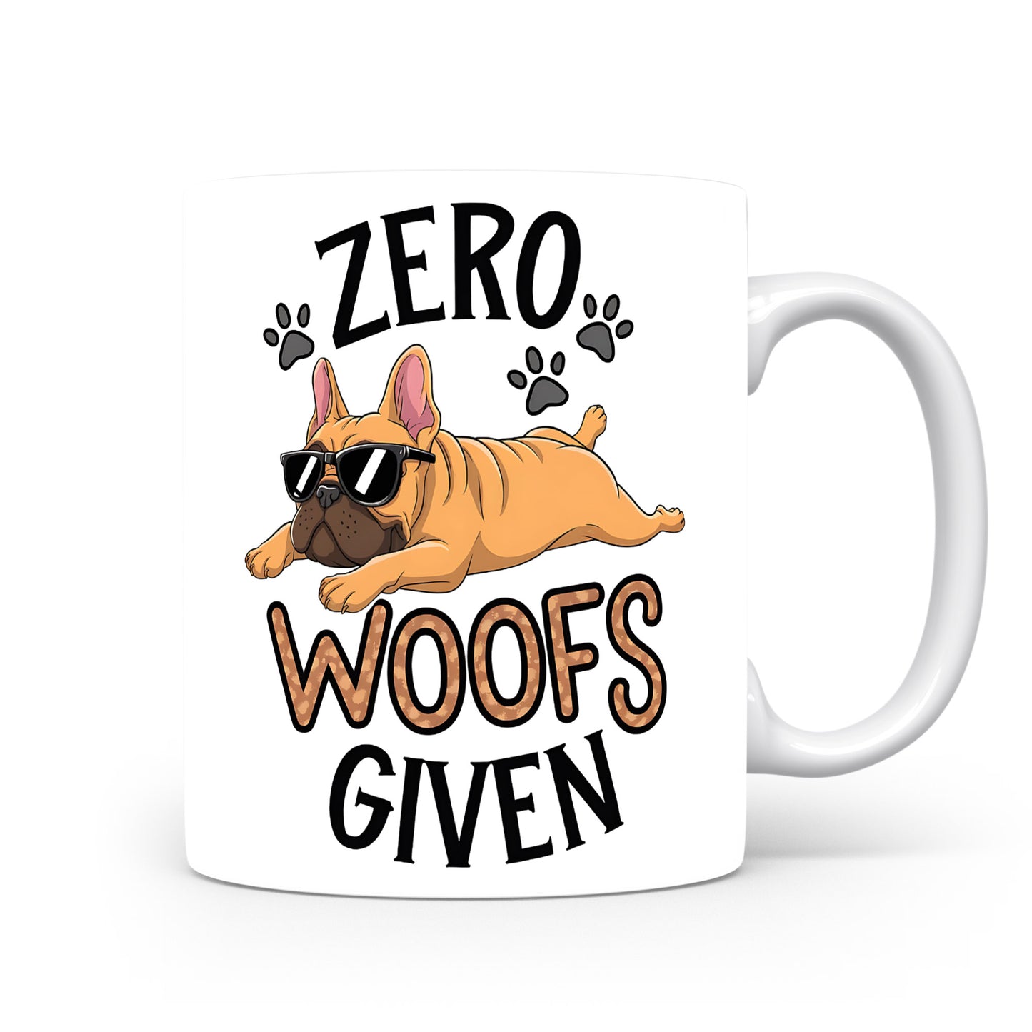 Hrnek s vtipným nápisem – ZERO WOOFS – pes s brýlemi