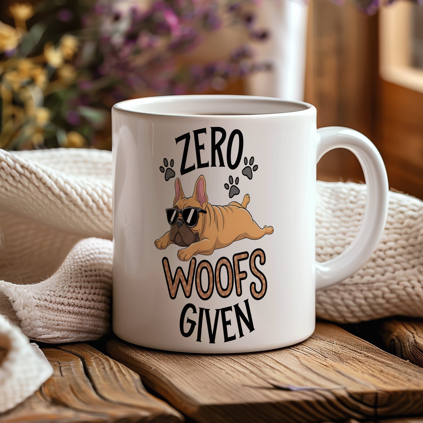Hrnek s vtipným nápisem – ZERO WOOFS – pes s brýlemi