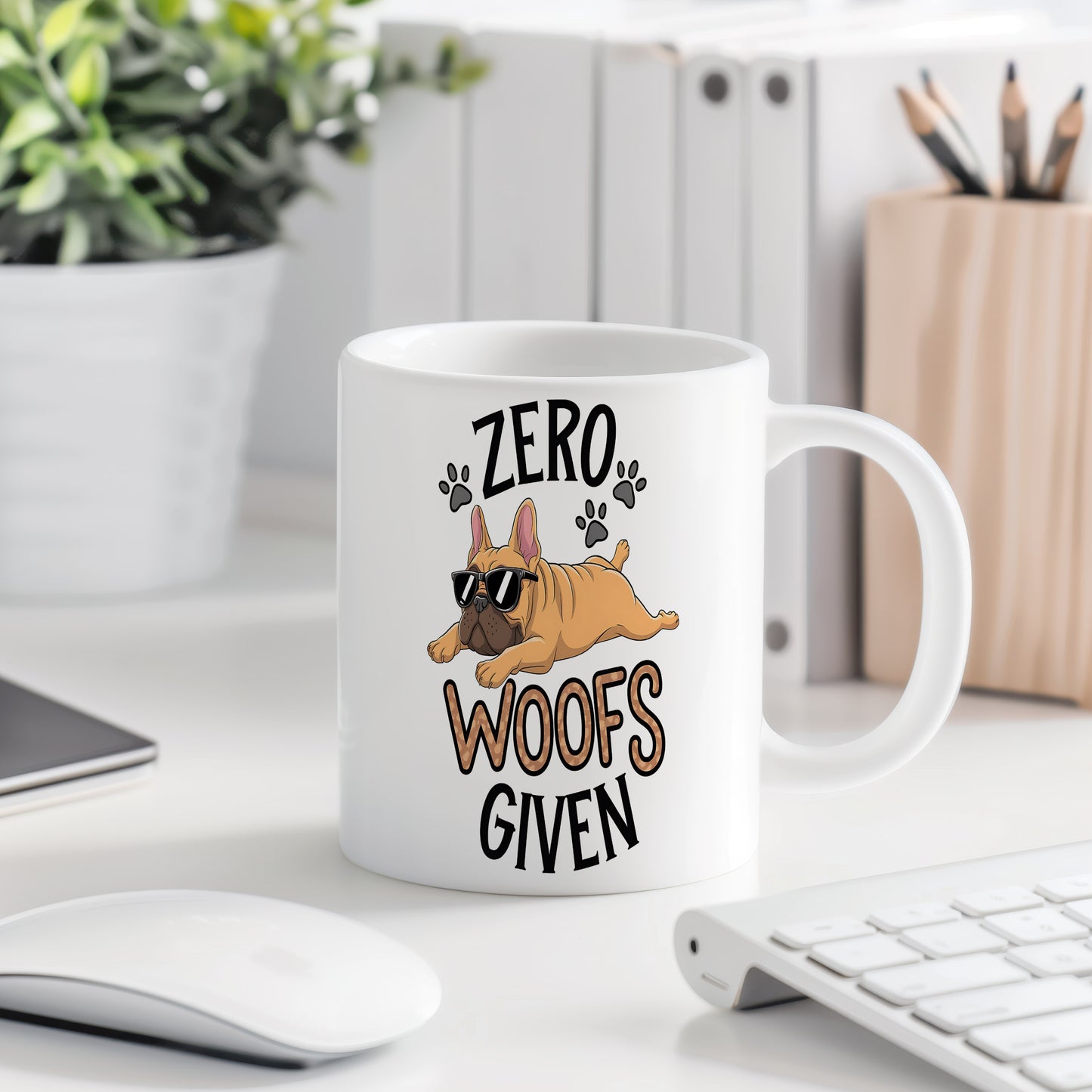 Hrnek s vtipným nápisem – ZERO WOOFS – pes s brýlemi