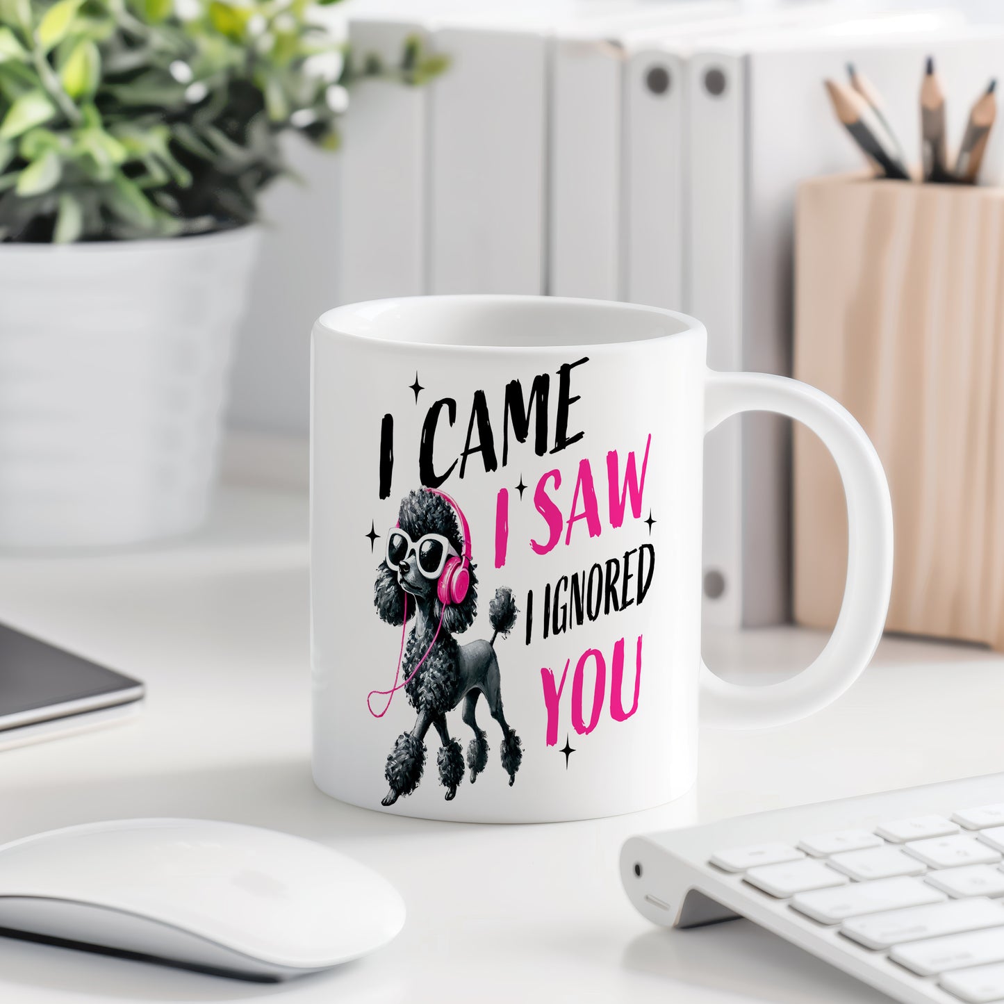 Hrnek s vtipným nápisem – I CAME I SAW – černo-růžový motiv